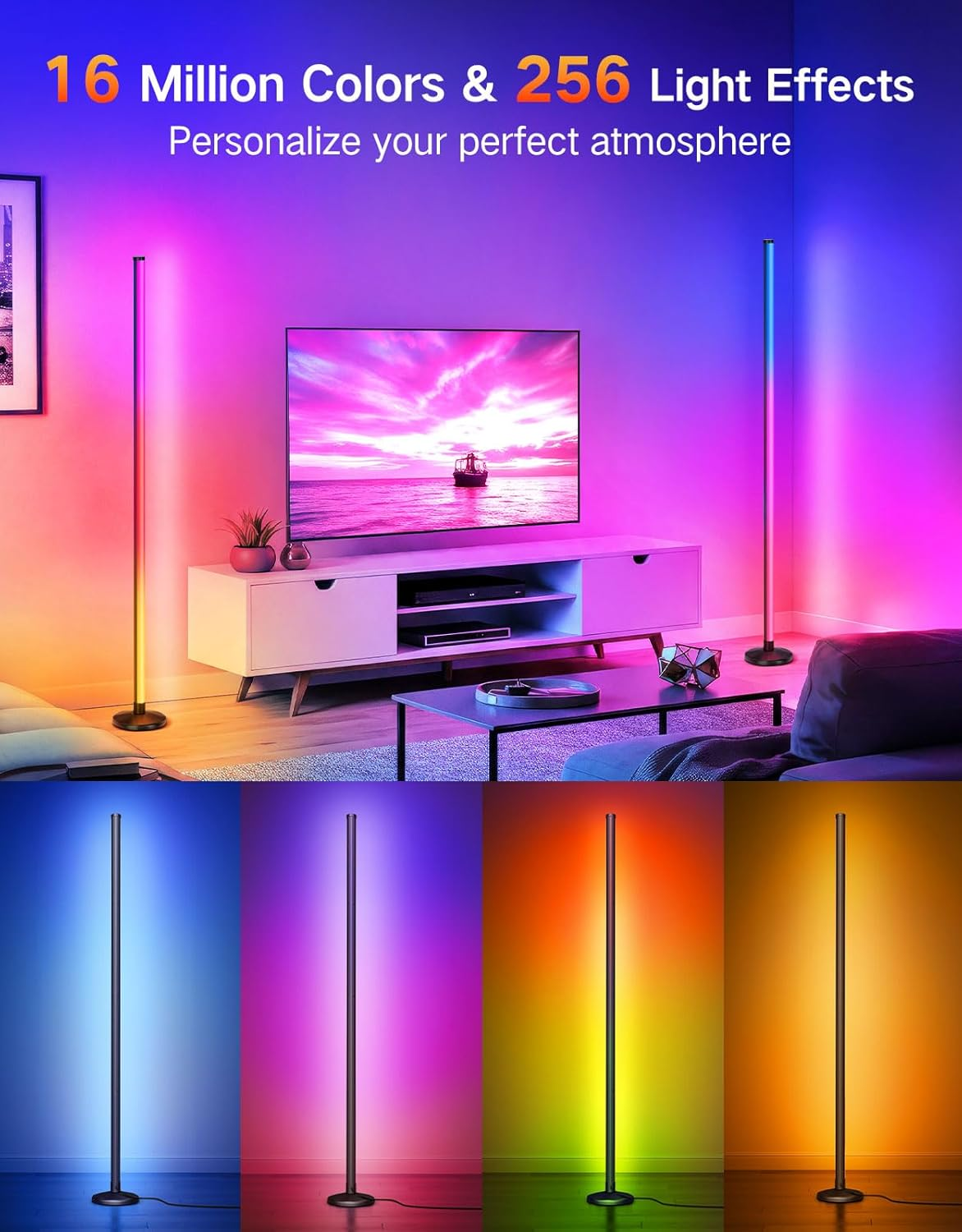 OUTON LED Smart RGBCW Corner Floor Lamp with APP and Remote Control, Dimmable Floor Lamps with 16 Million Colours, Music-Sync, Timer, Height Adjustable for Living Room Bedroom Gaming Room, 1Pack