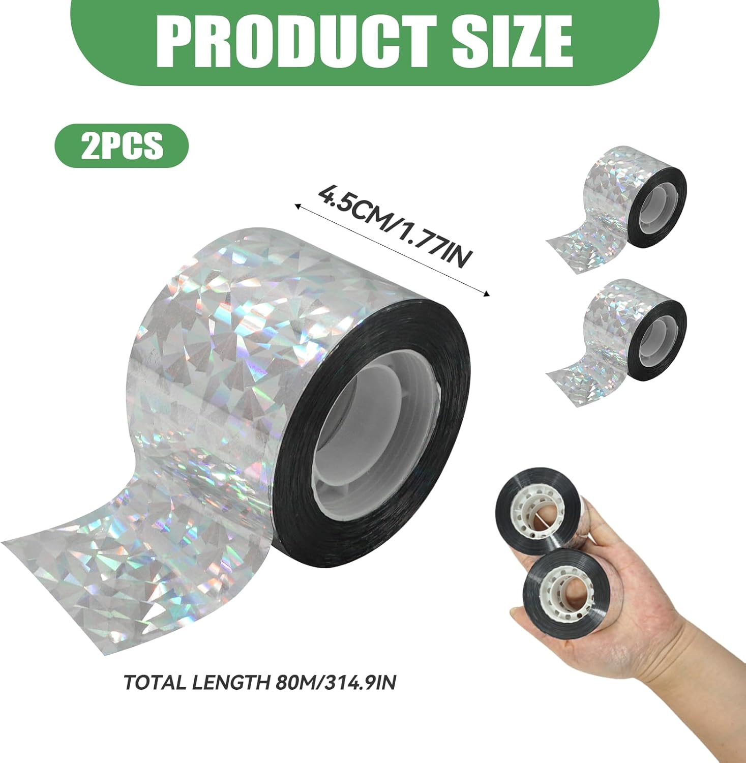 2 Pcs Bird Reflective Tape, Bird Scare Repellent Deterrent Dual Sided Widening Tape, 4.8CM & 160M, for Garden Orchard Balcony Roof Farm Patio Tree Crop Protection Decoration