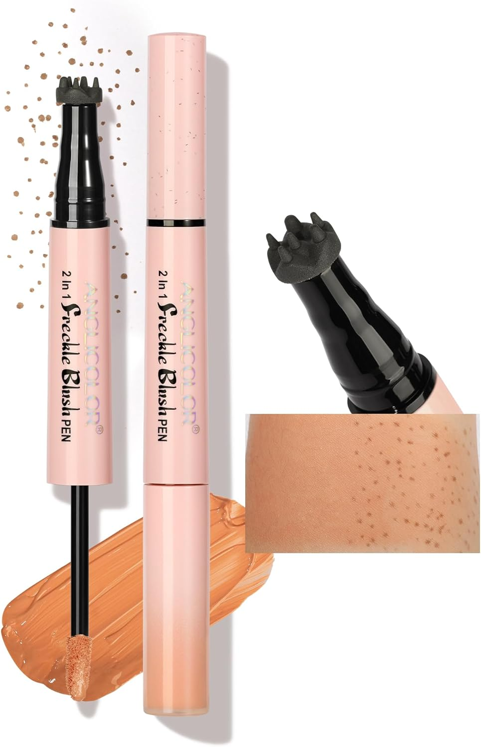 Anglicolor 2 in 1 Freckle Pen, Faux Freckle Pen Stamp with Blush, Quick-Drying, Waterproof, Long-Lasting, Freckle Sizd Dot for Realistic 24H Freckle Natural Makeup (01 Light Brown+Soft Nude Pink)