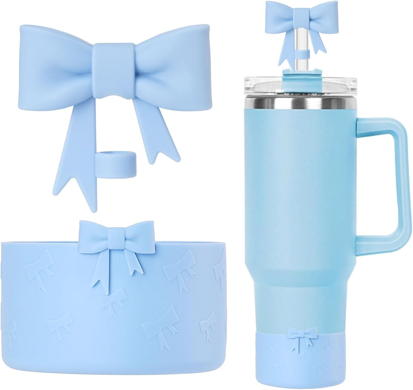 Lnulyaciy Bow Silicone Protective Boot for Stanley Cup 20/30/40Oz, Bow Straw Cover Topper with 10Mm/0.4In, Compatible 12-24Oz Hydroflask Tumbler and More Bottles 2.83-3In Bottom (Black Set)