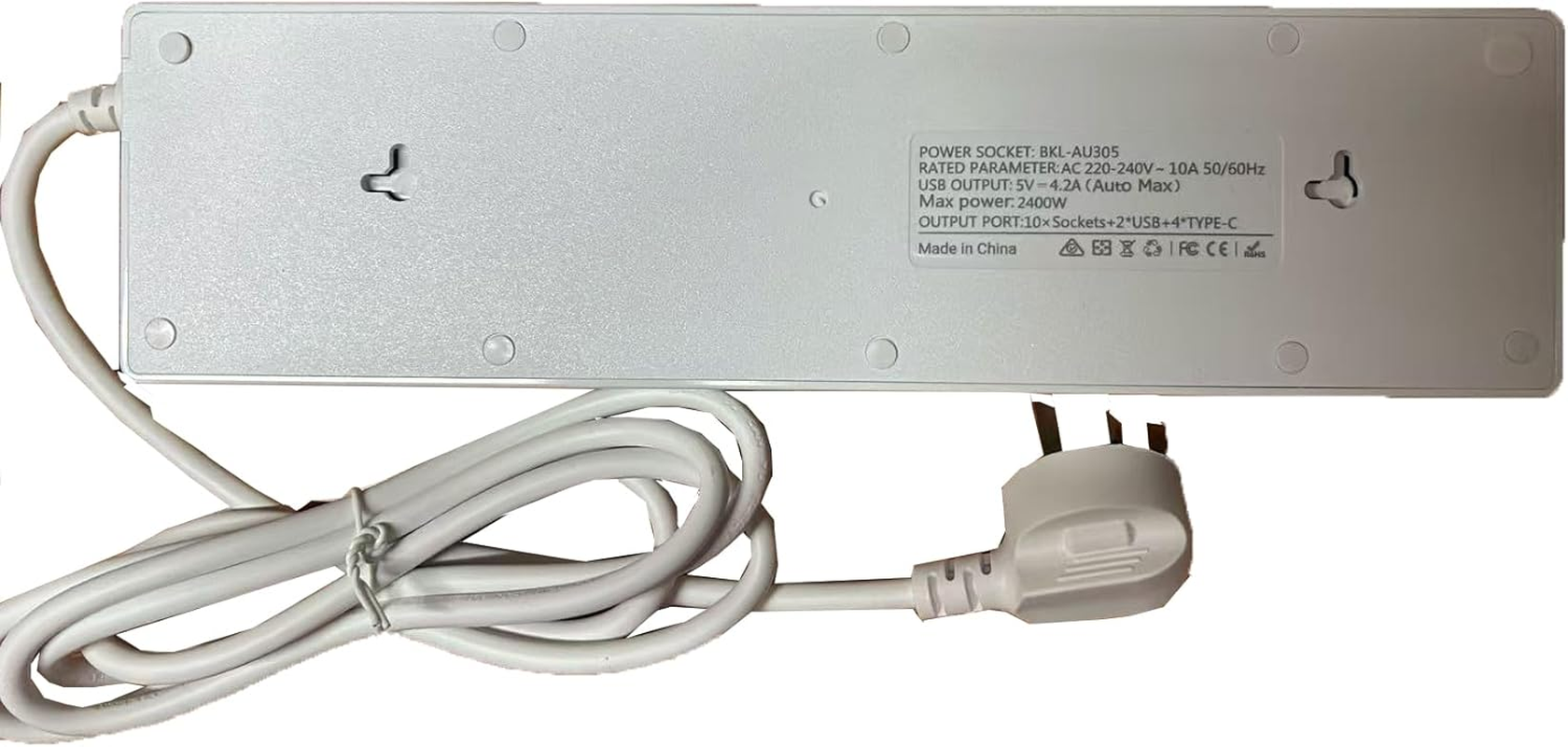 BOCHLION Power Strip with Independent Switch, Equipped with 10AC Power Sockets and 2 USB-A and 4 USB-C, 1.8M Extension Cable, Overload Protection for Home, Office, School, and Dormitory. (White) image number 3