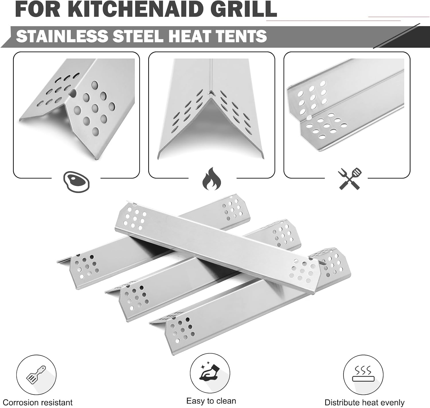 740-0780 Grill Parts Heat Plates Burners for Kitchenaid Grill Replacement Parts 740-0781 720-0745B Kitchenaid 4 Burner Grill Parts Stainless Steel Heat Shields Burner Tube Kits Heat Bar Parts image number 4