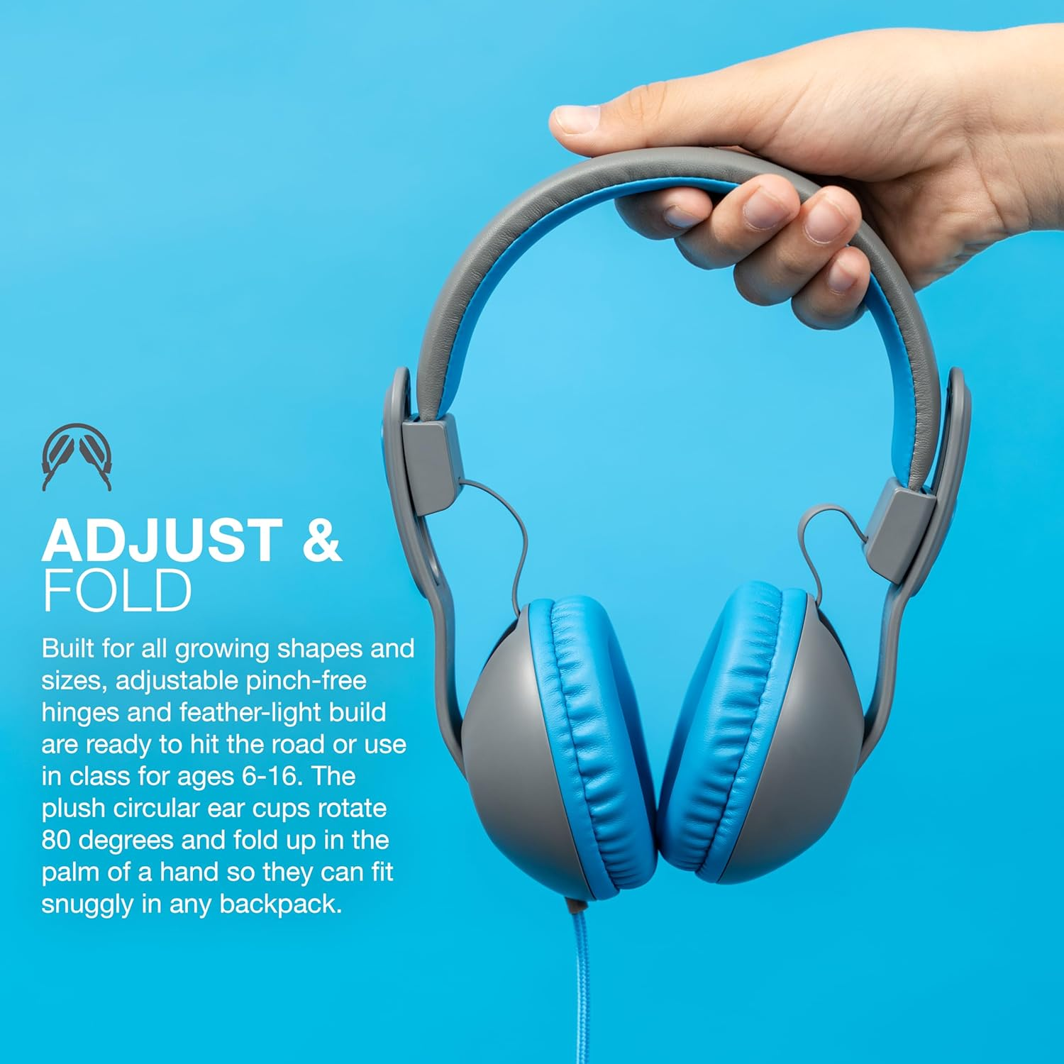 Jlab Jbuddies Studio 2 On-Ear Kids Wired Headphones, Grey/Blue, Toddler Headphones, Kid Safe, Studio Volume Safe, Volume Limiter, Folding, Adjustable, Noise Isolation, with Mic image number 4