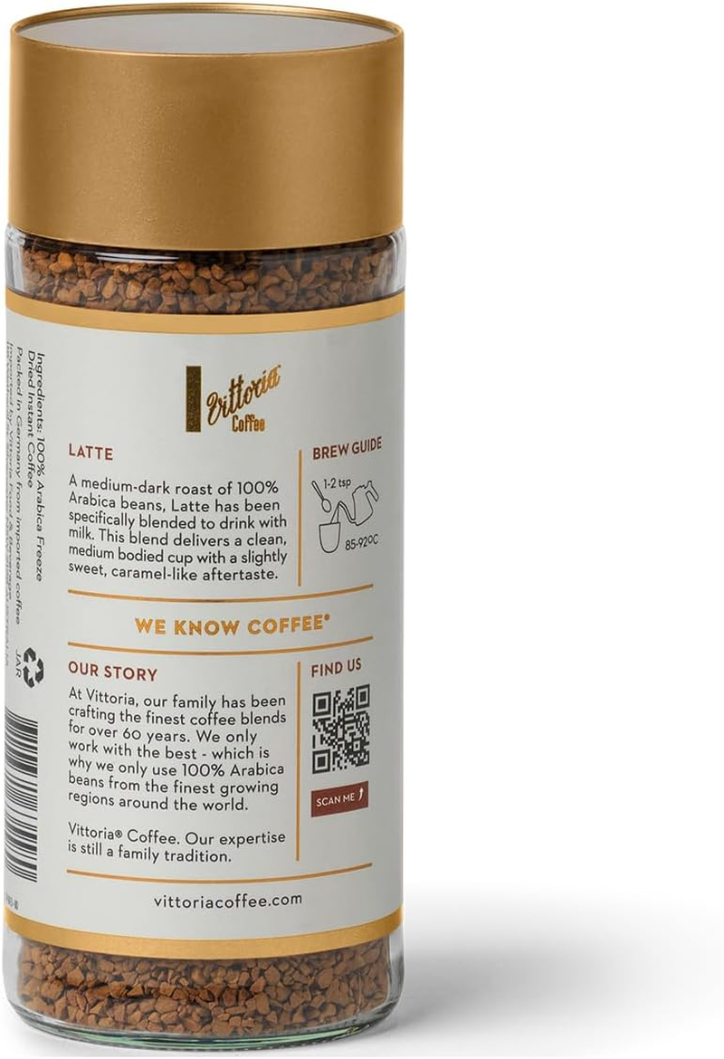 Vittoria Coffee Latte Blend Freeze Dried Instant Coffee 100 G (Case of 6). 12/15 Intensity, Medium-Dark Roast of Premium Coffee. image number 1