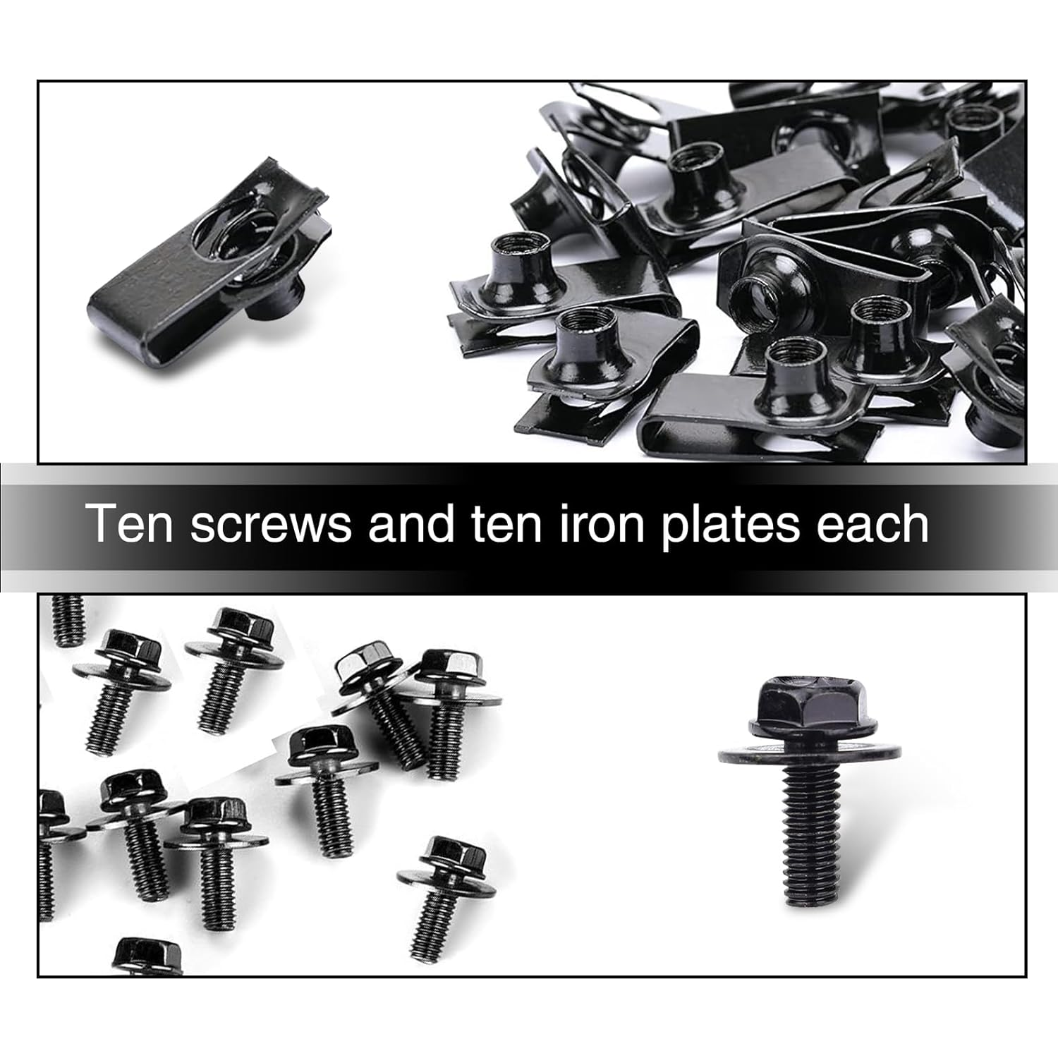 UGSHY 20 PCS Automotive Body Bolt and U-Nut Clamp Kit, Hood Guard Spiral, Bumper Fender Liner Push Pull Metal Rust-Resistant U Retainer, Universal for Most Cars Fastening Accessories (Black) image number 5