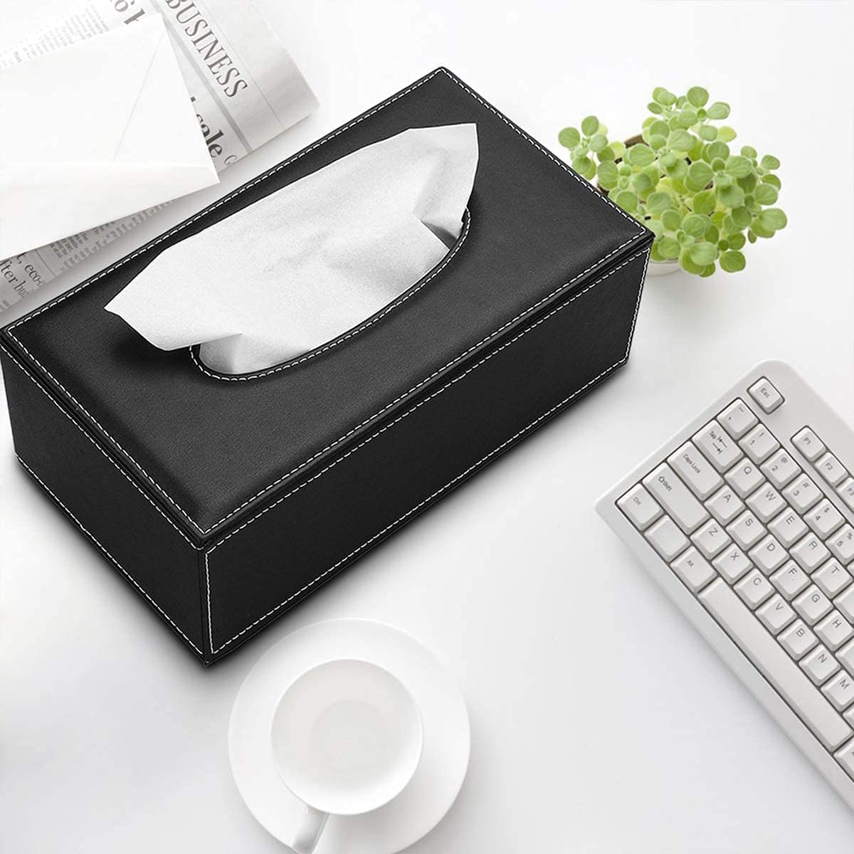 Uandhome Leather Tissue Box, Black Rectangle Tissue Paper Holder Box Cover Napkin Organizer Holder Home Kitchen Storage Room Office Car Decoration image number 4