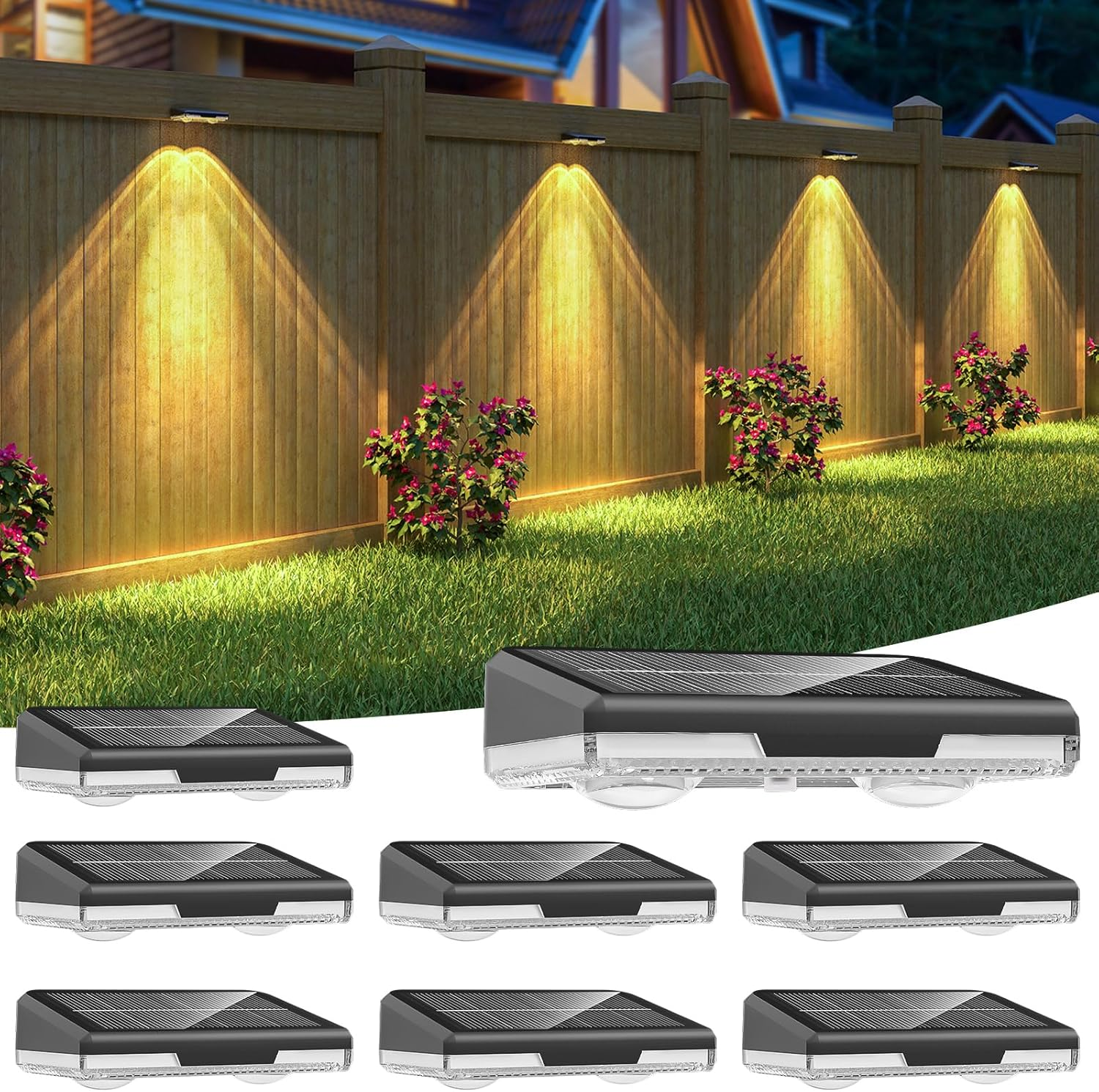 Jetuvlie Solar Fence Lights Outdoor, 8 Pack LED Fence Lights, 3000/4000/6000K 3 Mode, IP65 Waterproof,Solar Wall Lights for Outside, Backyard/Step/Deck Fence/Stair Railing/Patio image number 1