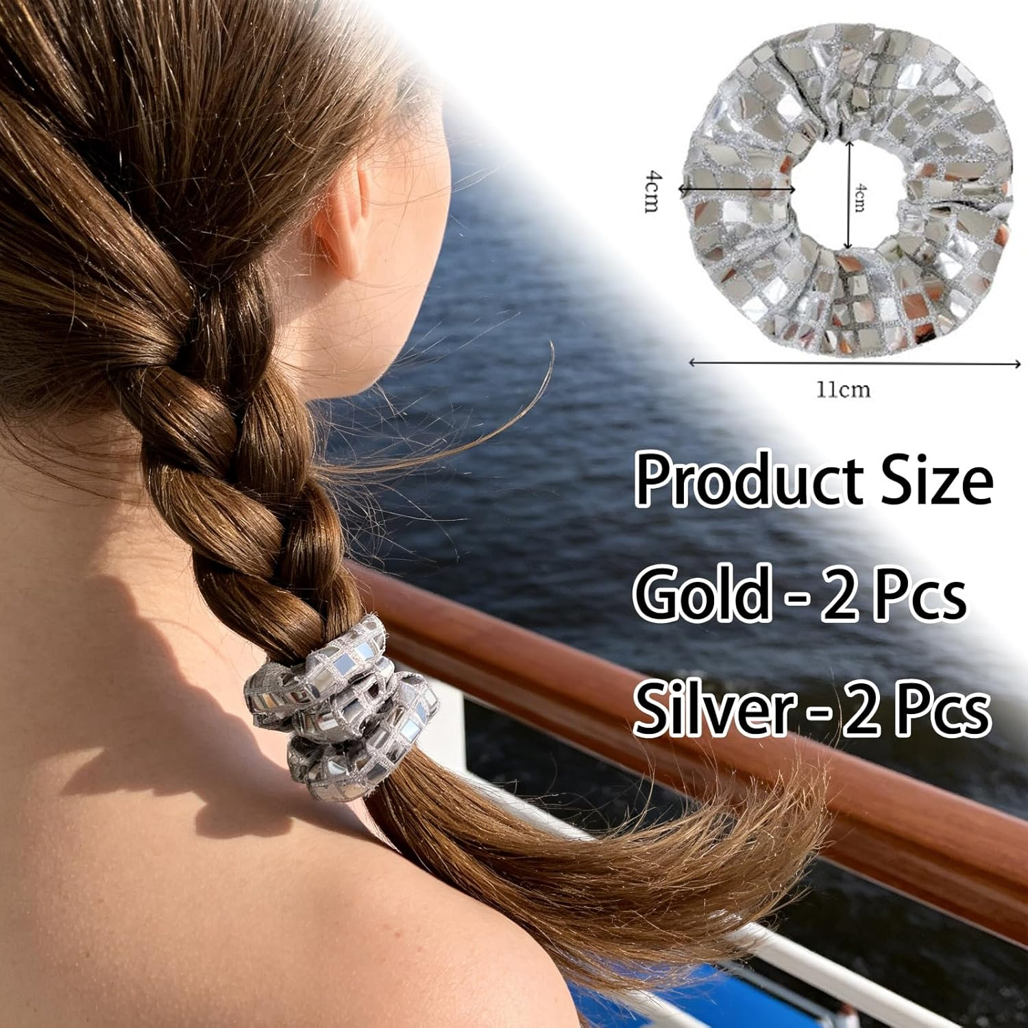 Women Girls Gold and Silver Glitter Sequin Hair Bands Elastic Metallic Glitter Ponytail Holder for Disco Retro Theme Party Music Festival