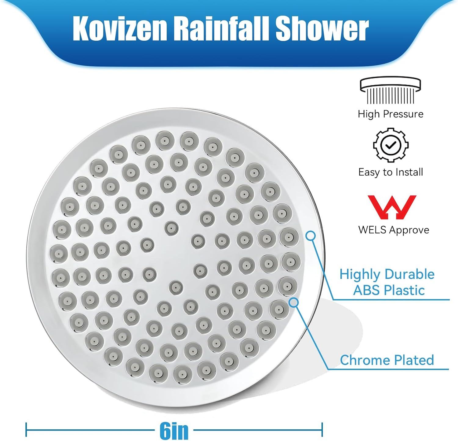 Kovizen Shower Head High Pressure Rain, Luxury Bathroom Rain Shower Head with Chrome Plated Finish, Adjustable Angles, Anti-Clogging Silicone Nozzles (2.5 GPM) image number 4