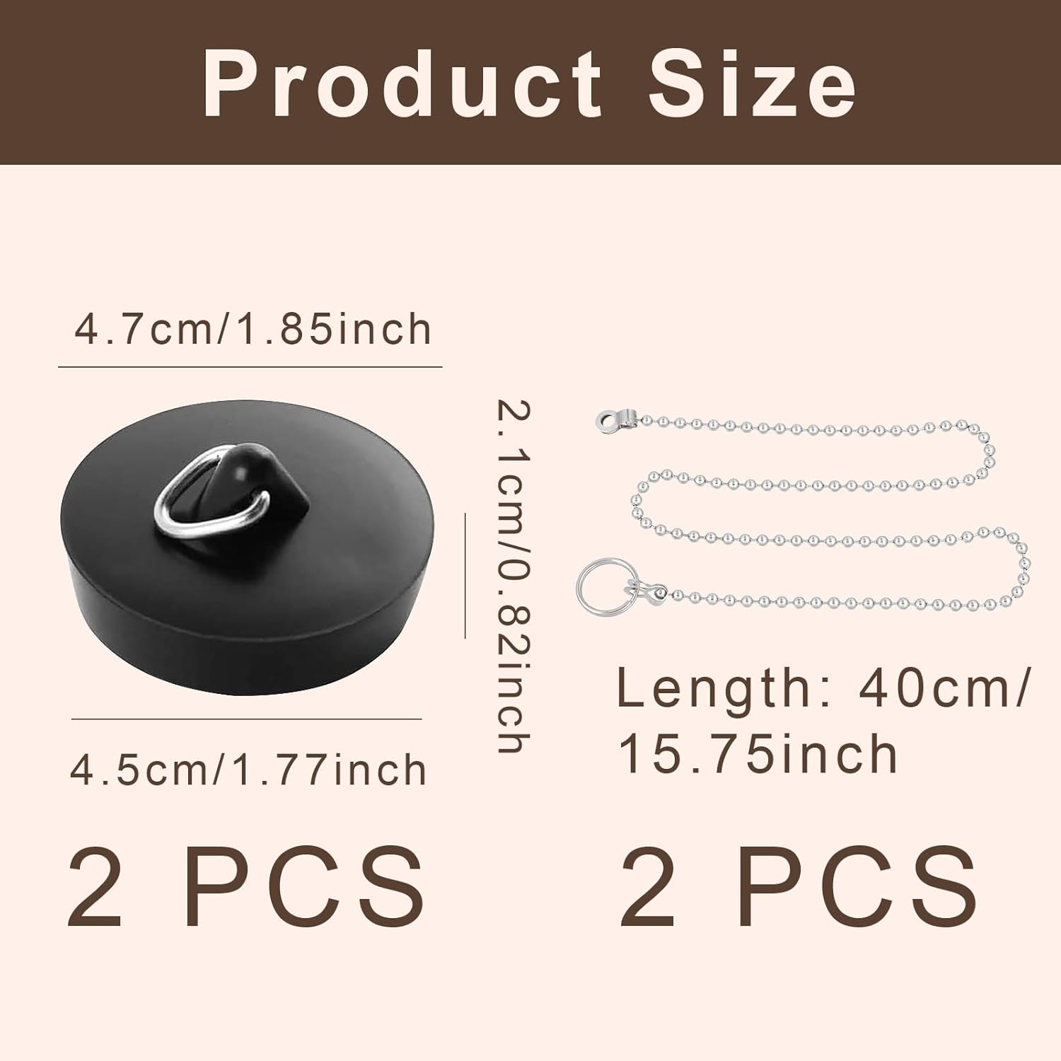 Drain Plug, Pack of 2 Rubber Sink Plugs, 45 Mm Plug Bathtub, Universal Plug for Sink Bathtub, with 40 Cm Chain Plug, for Bathtub, Kitchen, Sink Sewer System image number 3