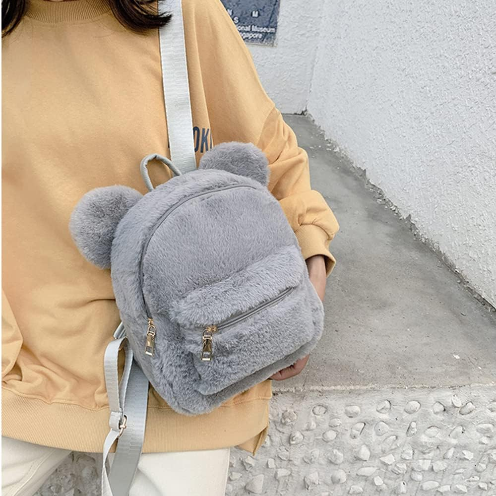 Cute Fuzzy Bear Ears Backpack Kawaii Soft Fluffy Casual Daypack Mini Shoulder Bag Purse for Girls - Grey image number 2