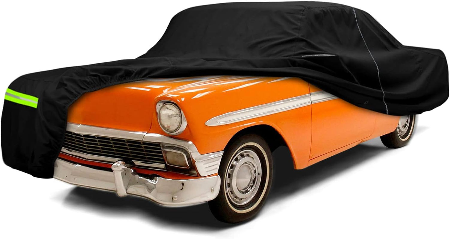 SAPUBK Waterproof Car Cover Compatible with Chevrolet Bel Air / 150/210 1950-1957 Sedan/Coupe/Hardtop 210T All Weather Classic Car Covers with Zipper Door for Snow Rain Protection, Black