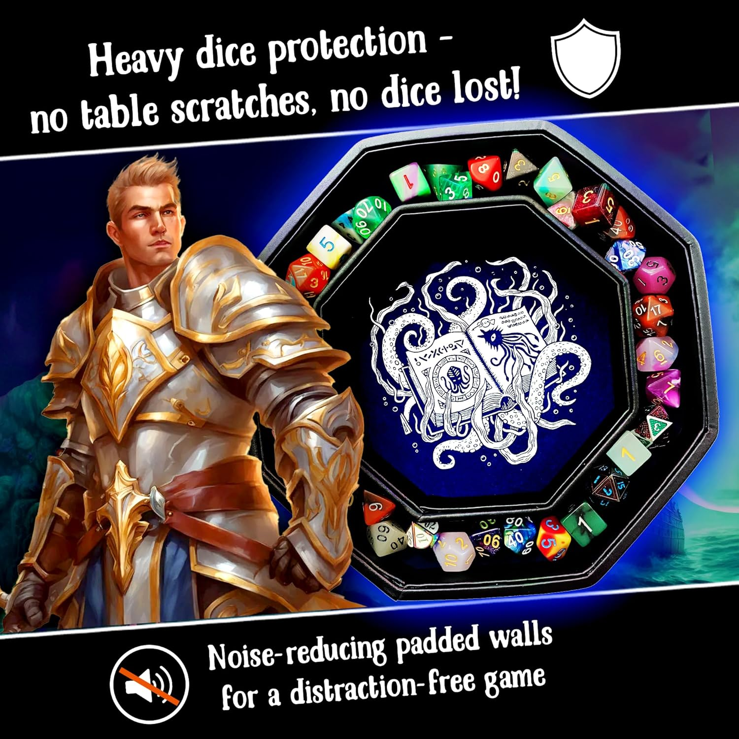 Fantasydice-Cthulhu Tome-Blue- Dice Tray - 8" Octagon with Lid and Dice Staging Area- Holds 5 Sets( 7 Dice Set/ Standard) for All Tabletop Rpgs like D&D , Call of Cthulhu, Shadowrun. image number 6