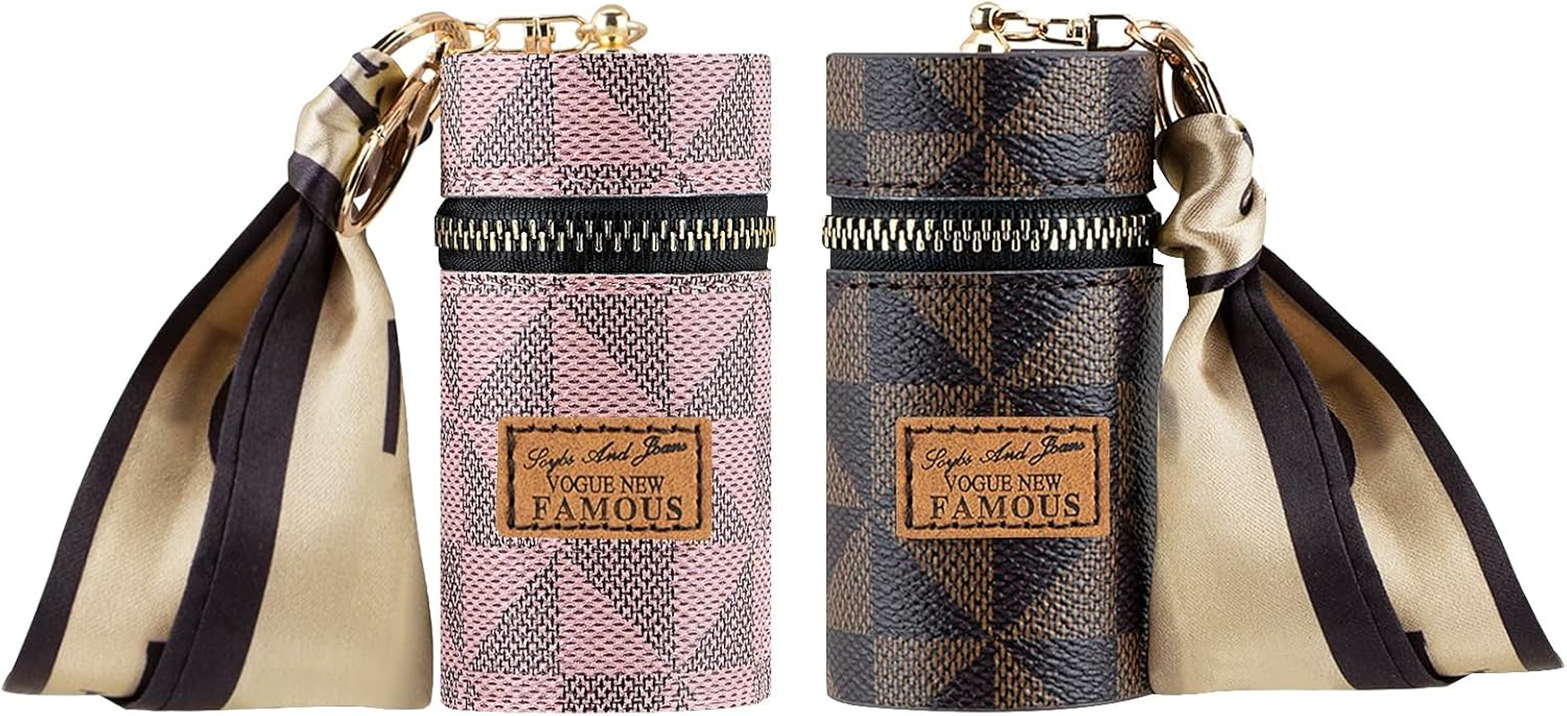 Adorila 2 Pack Lipstick Organizer, Leather Lip Gloss Bag with Keychain, Portable Mini Lipstick Case for Purse, Brown+Pink