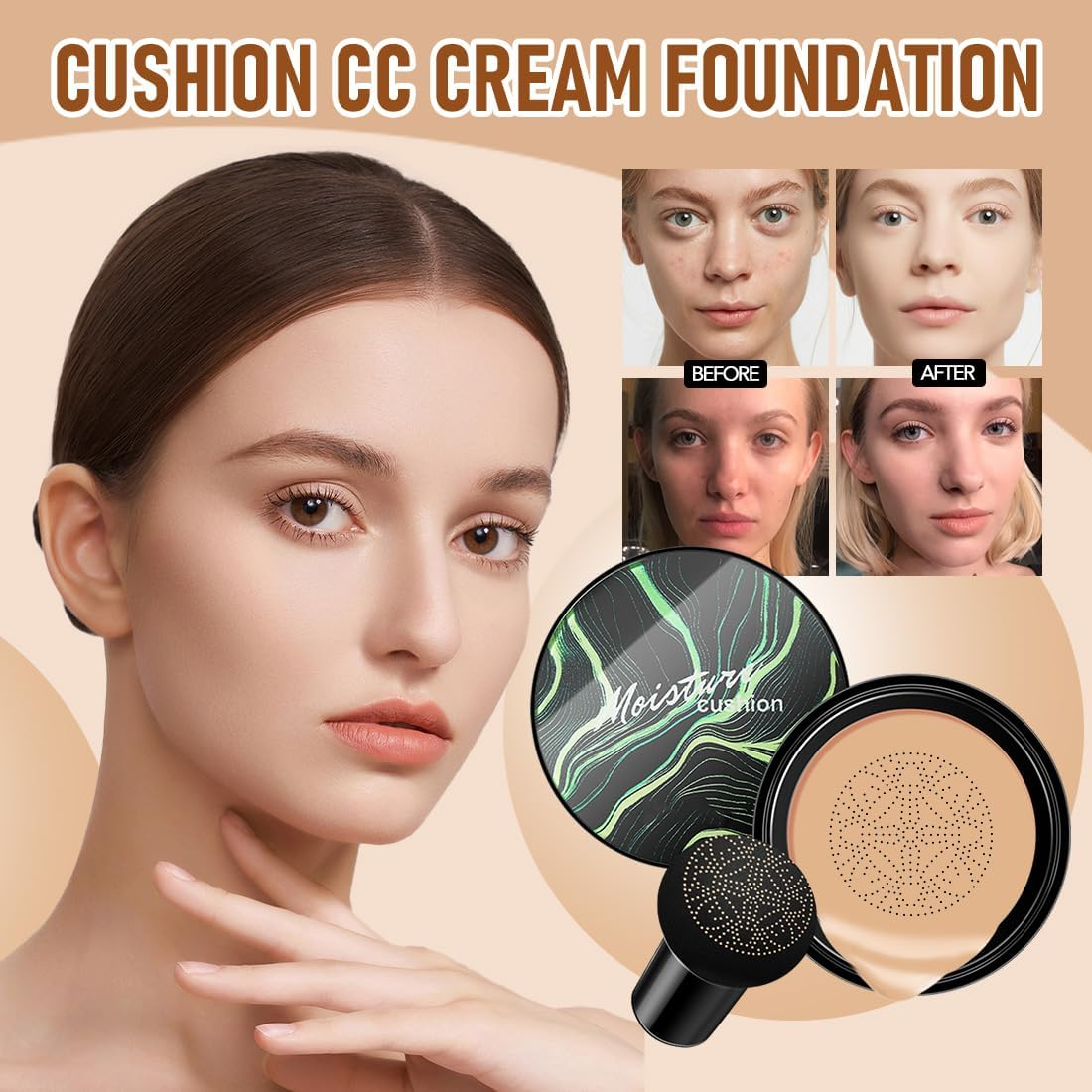 Mushroom Head Air Cushion CC Cream, Mushroom Head Air Cushion CC Cream, BB Cream Moisturising and Brightening Cushion Foundation Concealer Make up Beauty Cream (Nude Colour) image number 6