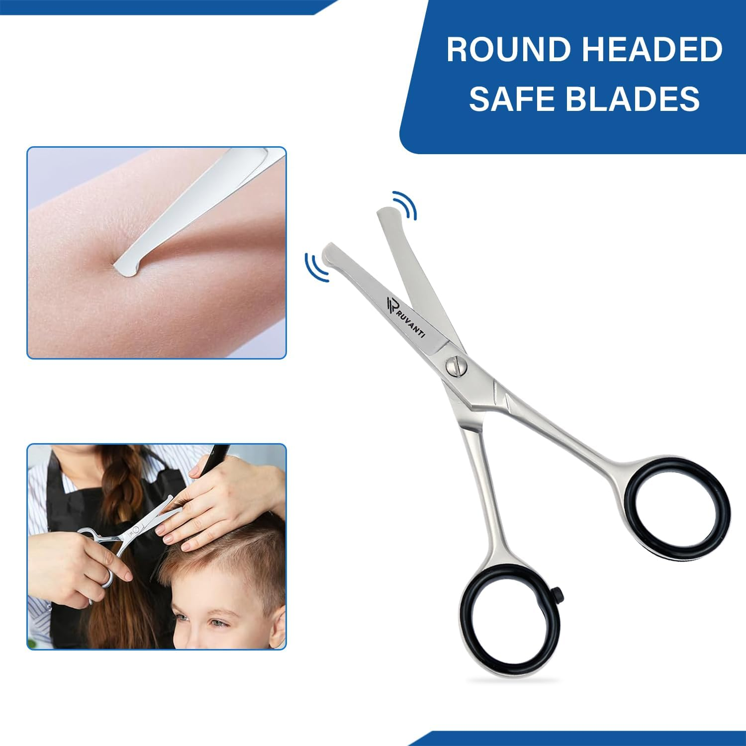 Ruvanti 5.2" Kids Hair Cutting Scissors - Safety Rounded Tip Barber Shears for Children, Infants & Facial Hair Trimming - Sharp Stainless Steel Blades, Ergonomic Grip - Ideal for Home & Salon Use image number 2