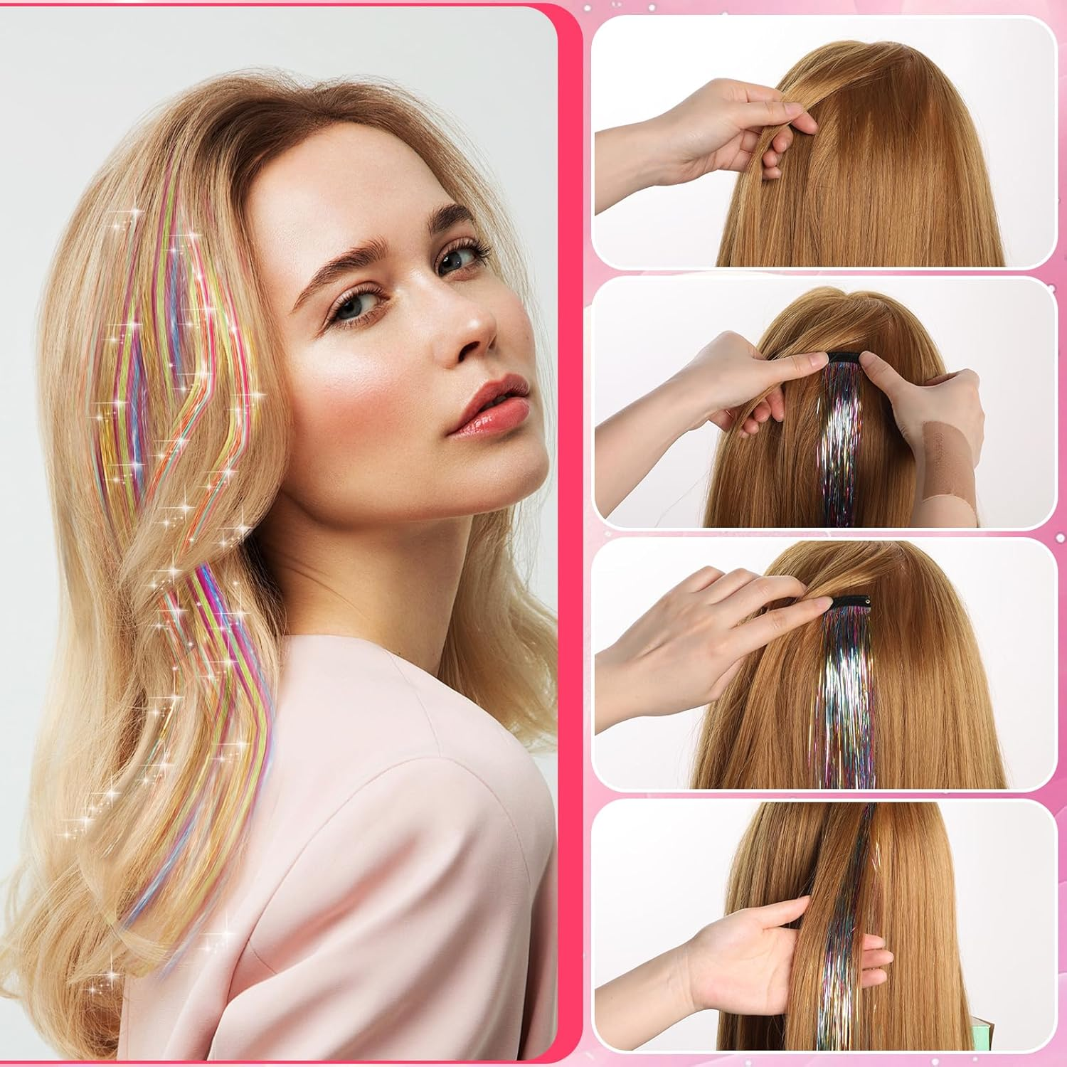 Bighan 12Pcs Hair Tinsel Clip 19.69 Inch Glitter Hair Tinsel Extensions Fairy Hair with Clips for Women Girls Kids, Multi 12 Colors