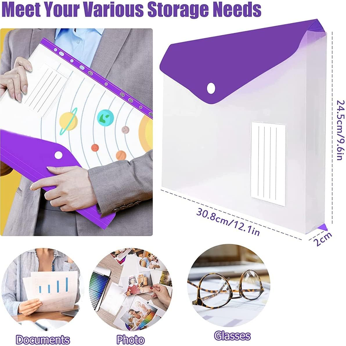 Veumoie 12 Pcs A4 Binder Pocket Expandable Envelopes Clear Plastic Envelopes for Ring Binder Folder, Snap Button image number 1