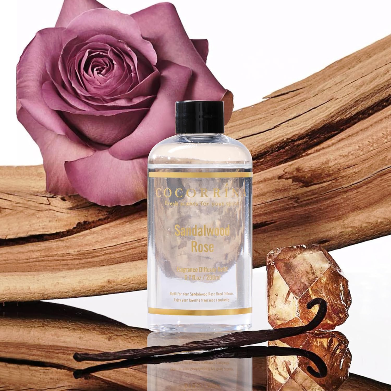 Cocorr&iacute;na Reed Diffuser Oil Refill Sandalwood Rose 200Ml with 8 Sticks - Premium Long-Lasting Floral Essential Oil, Home Fragrance for Bedroom, Bathroom Home Decor image number 1
