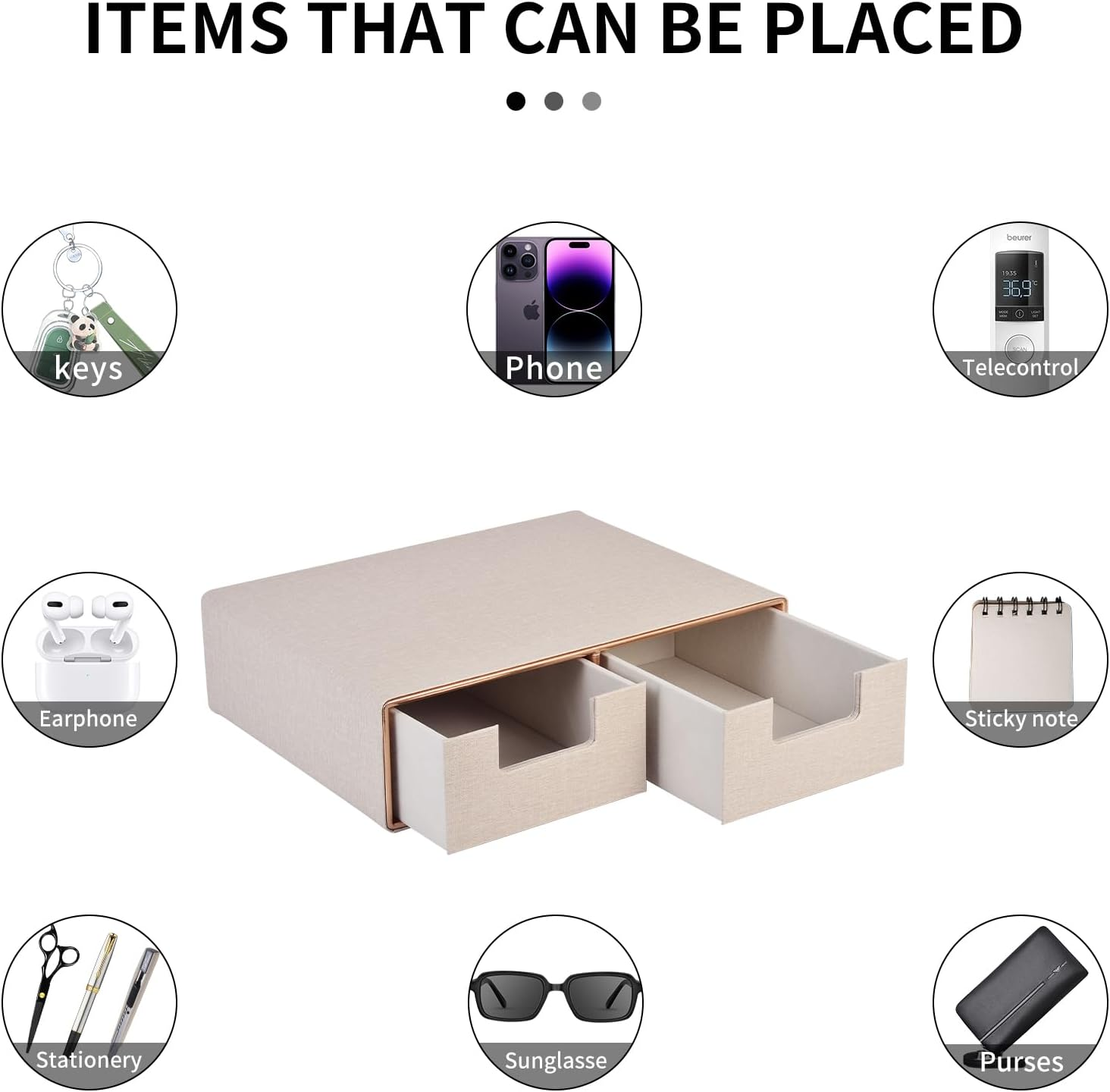 RHCSZ Linen Leather Desk Organizer with Drawers－Mini Desktop Drawer Organizer Stackable－Multifunctional Tabletop Organization Storage Box for Office Supplies Home Vanity Toiletries (Beige, 2-Drawers) - Beige image number 2