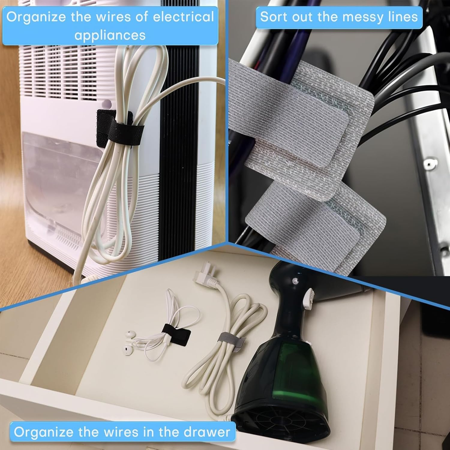 Zalizr 30 PCS Hook and Loop Cable Ties, Self-Adhesive Reusable Cord Organizers, Adjustable Cable Clips for Desk, Home, and Office Use (Black, Gray, White) image number 5