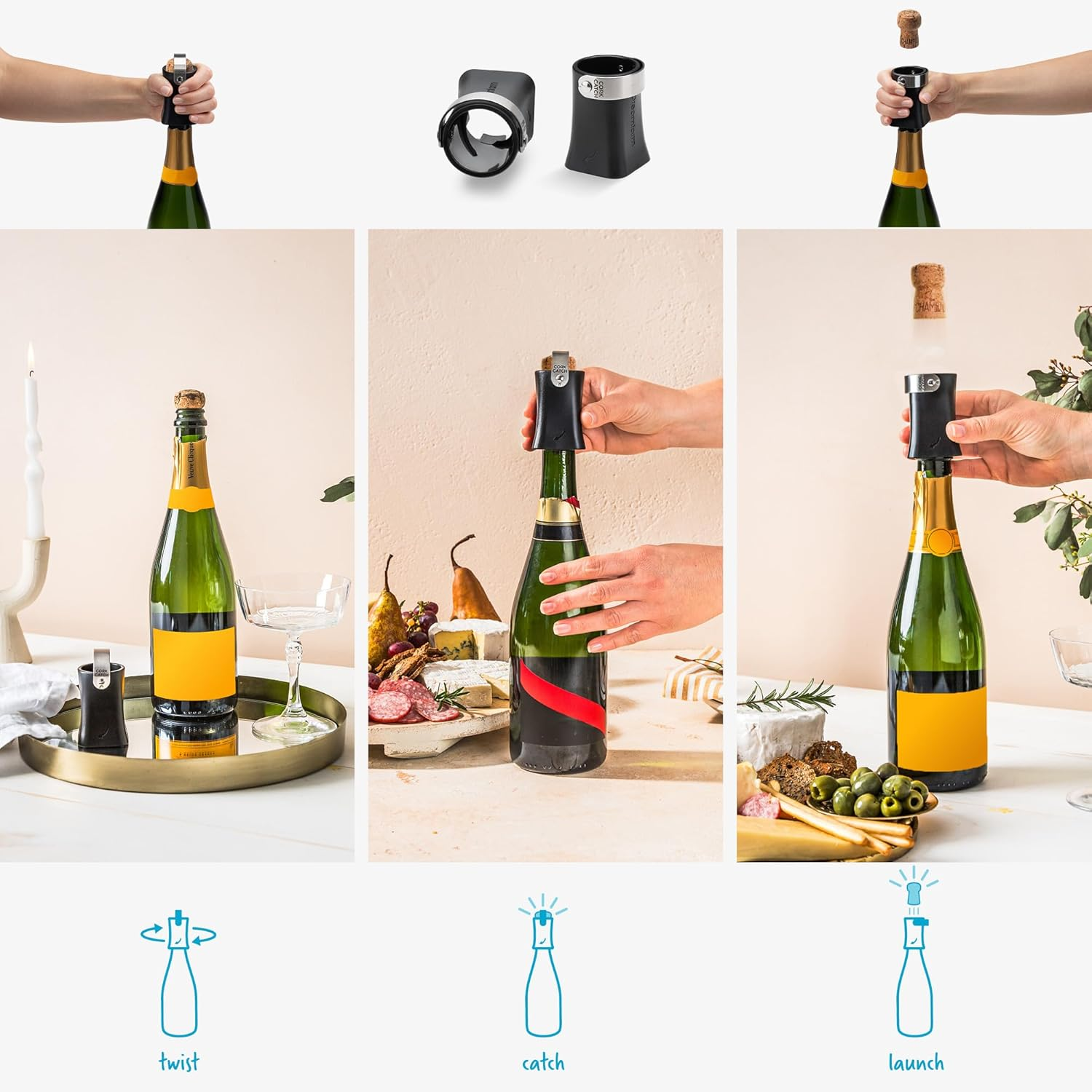 Dreamfarm Champop Safe, Fast, & Easy Champagne Bottle Opener, Cork Popper & Catcher - Black image number 4