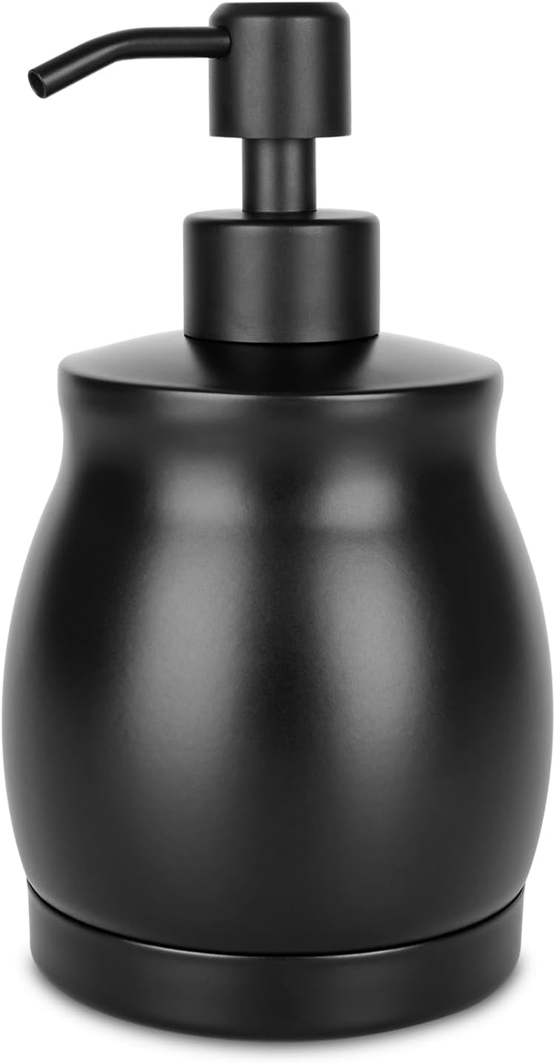LALA DOLCE Black Stainless Steel Soap Dispenser, Modern Countertop Liquid & Lotion Dispenser for Kitchen and Bathroom-Rustproof Pump, Easy Refill & Clean-Elegant Home or Commercial Use (Black, 390Ml)