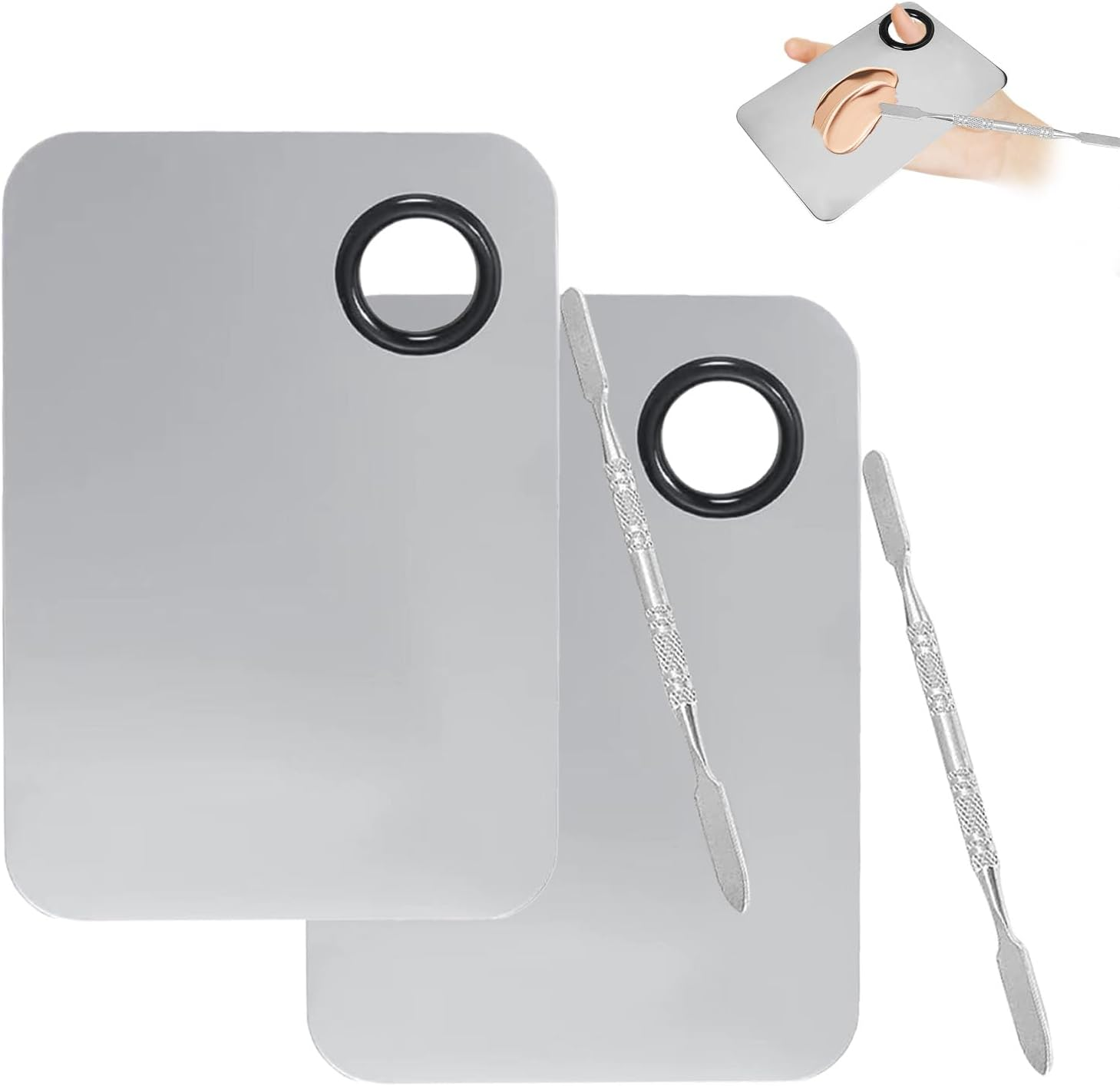 Stainless Steel Makeup Palette Set - 2-Pack Premium Mixing Palette with an Integrated Spatula, Professional-Grade Tool for Makeup & Nail Art Applications