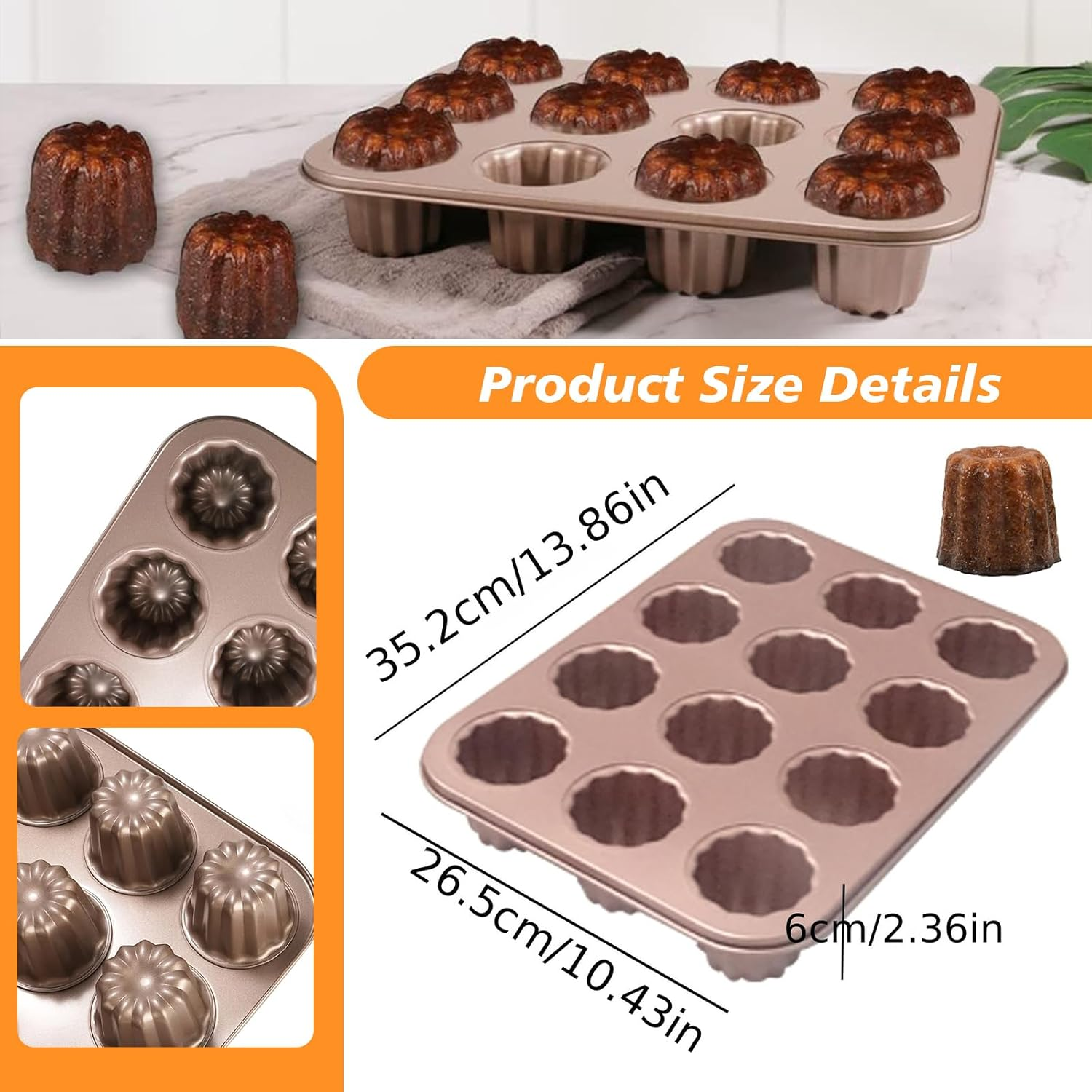 Canele Mold Cake Pan Non-Stick Carbon Steel Canel&eacute;s Baking Pan for Oven, Professional French Pastry Molds for Homemade, Muffin Cupcake, Heavy Duty Bakeware with Smooth Release (12-Cavity) image number 2