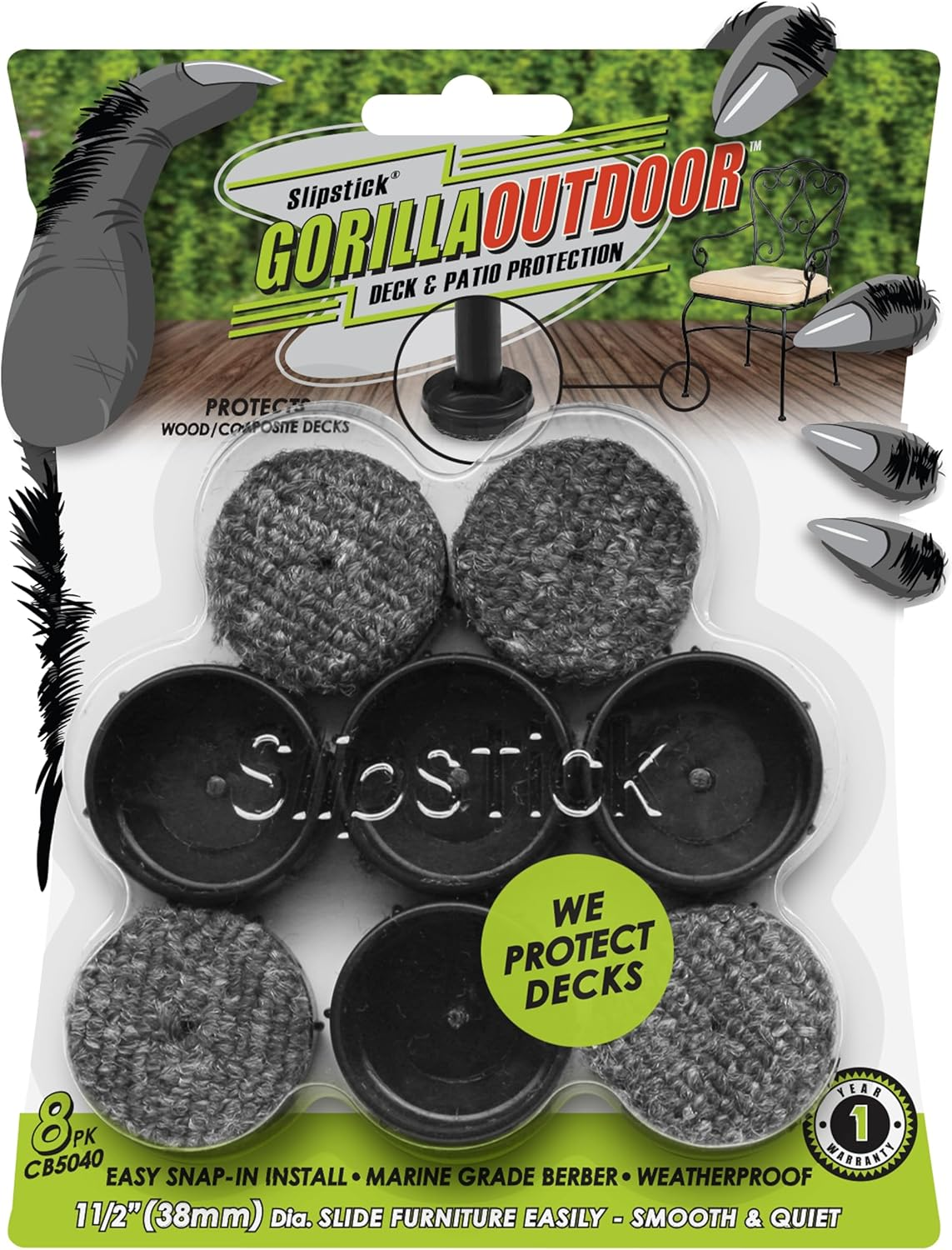 Slipstick Gorilla Outdoor 38Mm (1.5") Patio Chair Leg Caps for Wrought Iron Furniture (8 Pack) Floor Protecting Replacement Feet Glides for Metal Tables and Chairs, Marine Berber Sliders