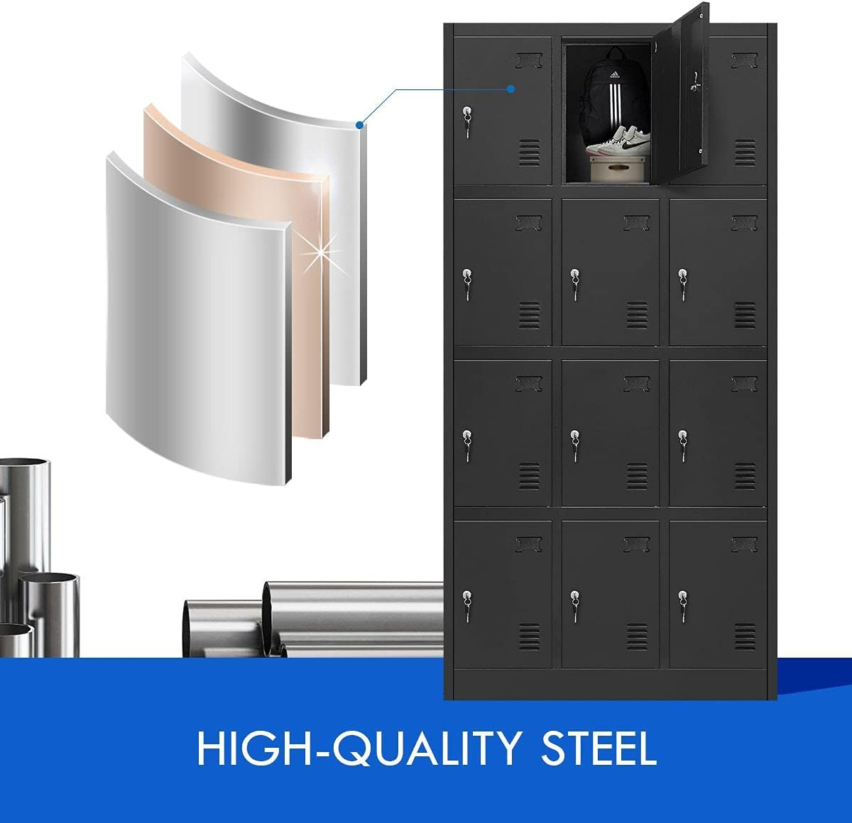 Locker Storage Cabinet 12 Doors Steel Office Storage with Lock for Gym Office School Home Stationary Classroom Black image number 4
