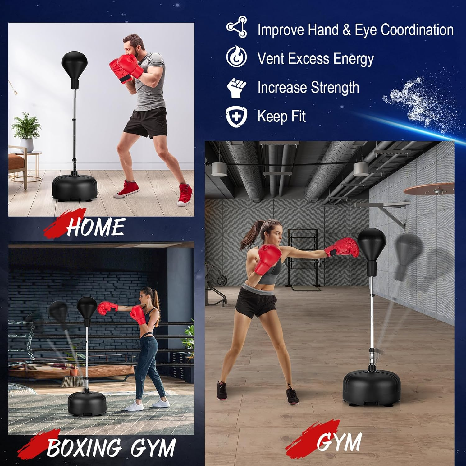 Costway Punching Bag with Stand, Speed Bag for Adults Kids, 4-Position Adjustable Height Setting, Stable Suction Cups, Integrated PU, Breathable Boxing Gloves, Easy to Transport, Reflex Bag for Home - Red image number 3