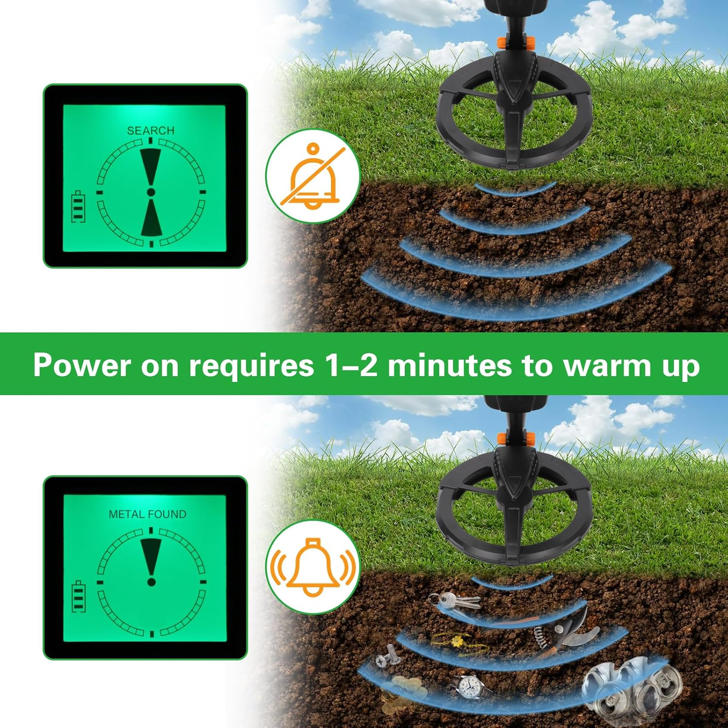 Ruaizel Starter Metal Detector Kit, Lightweight Metal Detector Kit with 17Cm Waterproof Coil Trowel Rake, Metal Detector for Beach River Outdoor