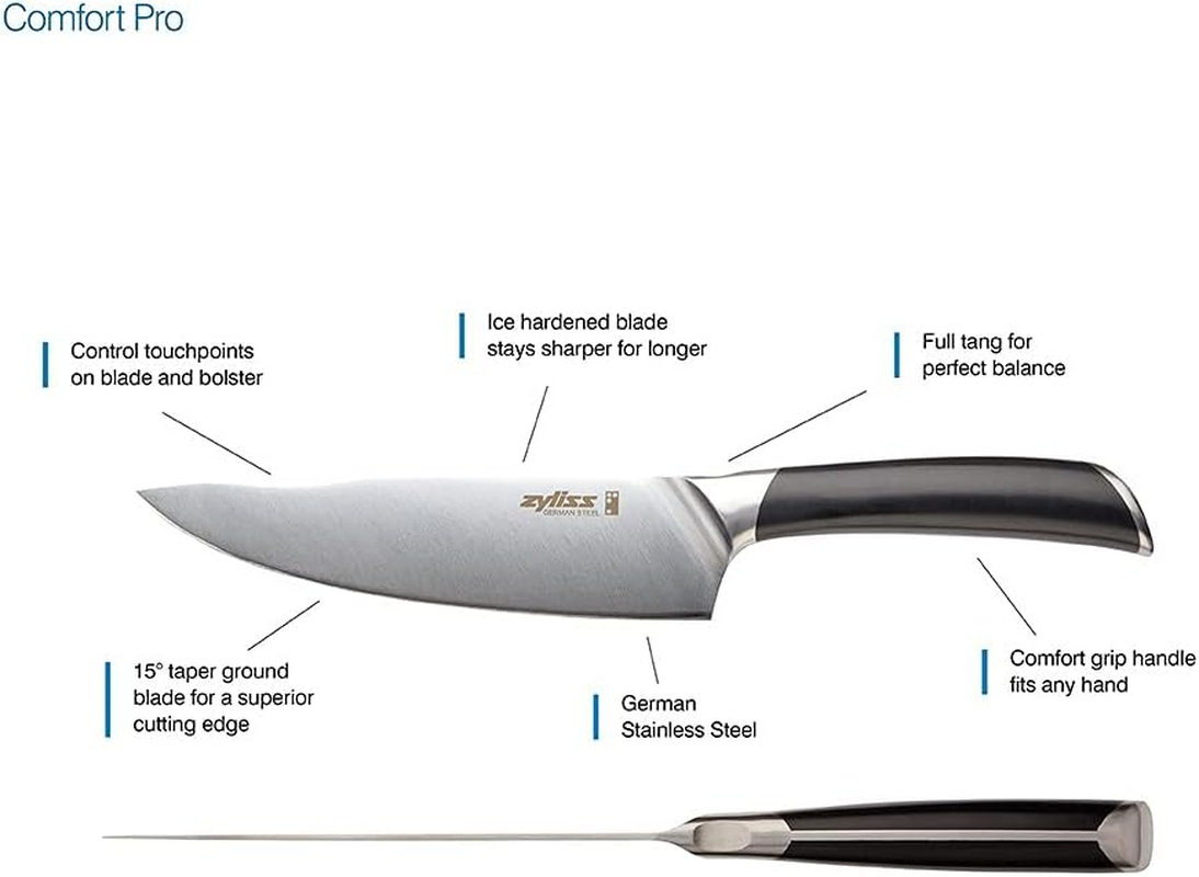 Zyliss Comfort Pro Chef Knife, 20Cm/8In, Sharp Forged German Stainless Steel, Antibacterial Black Handle with Finger Rest, Professional Kitchen Knife/Vegetable Knife, Dishwasher Safe image number 2