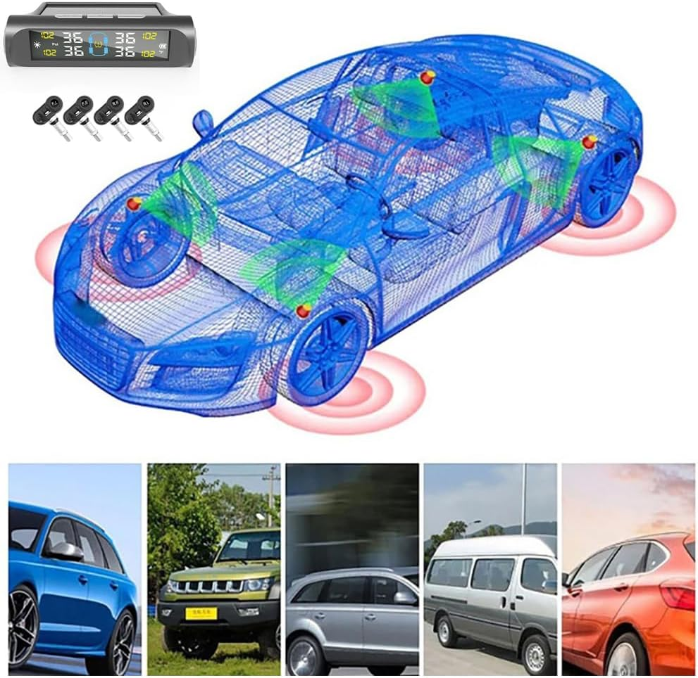 Tyre Pressure Monitoring System, Tire Pressure Monitor Installed on Windowshield with 4 Tire Sensors, Tire Pressure Monitor, Tire Pressure Monitoring System Wireless Solar for RV, Sedan, SUV image number 4