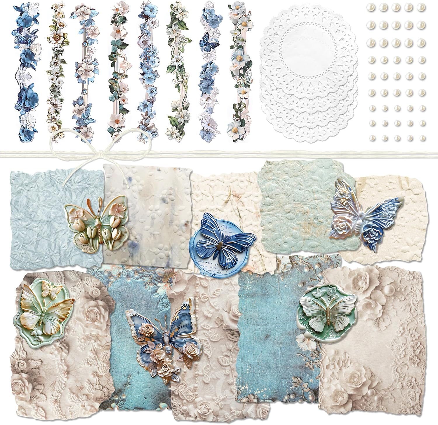 Aesthetic Butterfly Themed Sticker Embossed Flower Pattern Decorative Paper Set Retro Strip Decal Vintage Decoupage Pack for Scrapbook Supplies Journal Kit Card Making Collaging (Penny) image number 4