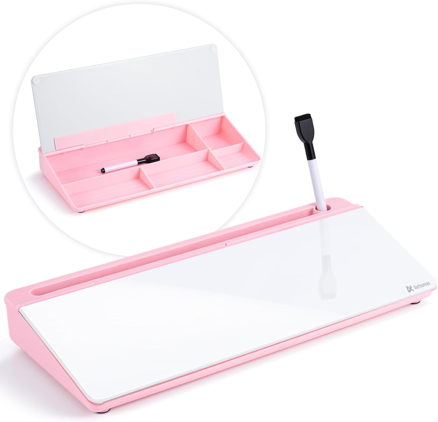 Varhomax Glass Desk Whiteboard with Storage, Desktop Organizer To-Do List Memo Notepad Dry Erase White Board for Home Office and School Supplies (Pink) - B-White image number 3