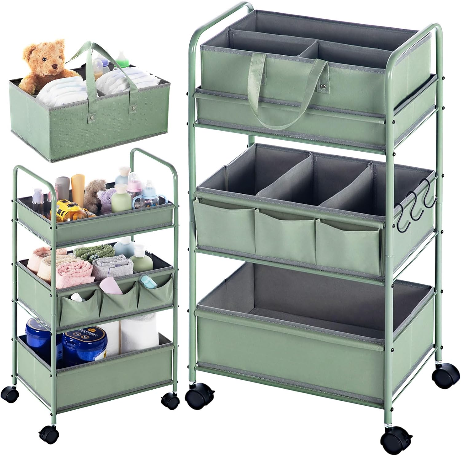 Honeydak 2In1 Baby Diaper Caddy Organizer Cart 3 Tier Large Capacity Metal Utility Bedside Rolling Cart with Divider for Newborn Nursery Essential Must Have for Crib Bedroom Baby Shower(Gray)