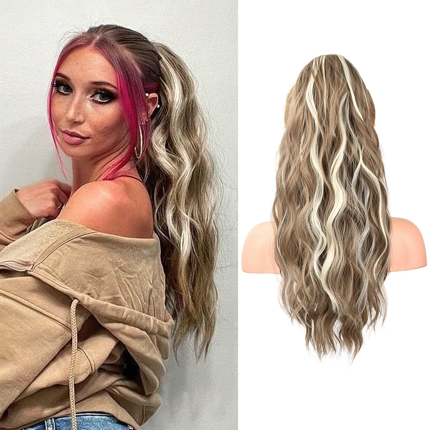 FLUFYMOOZ Ponytail Extension, 26 Inch Drawstring Ponytail Hair Extensions for Women，Long Curly Wavy Ponytail Natural Wavy Synthetic Hairpiece for Women Daily Use Party （22 Inch Ash Brown with Blonde Highlights）