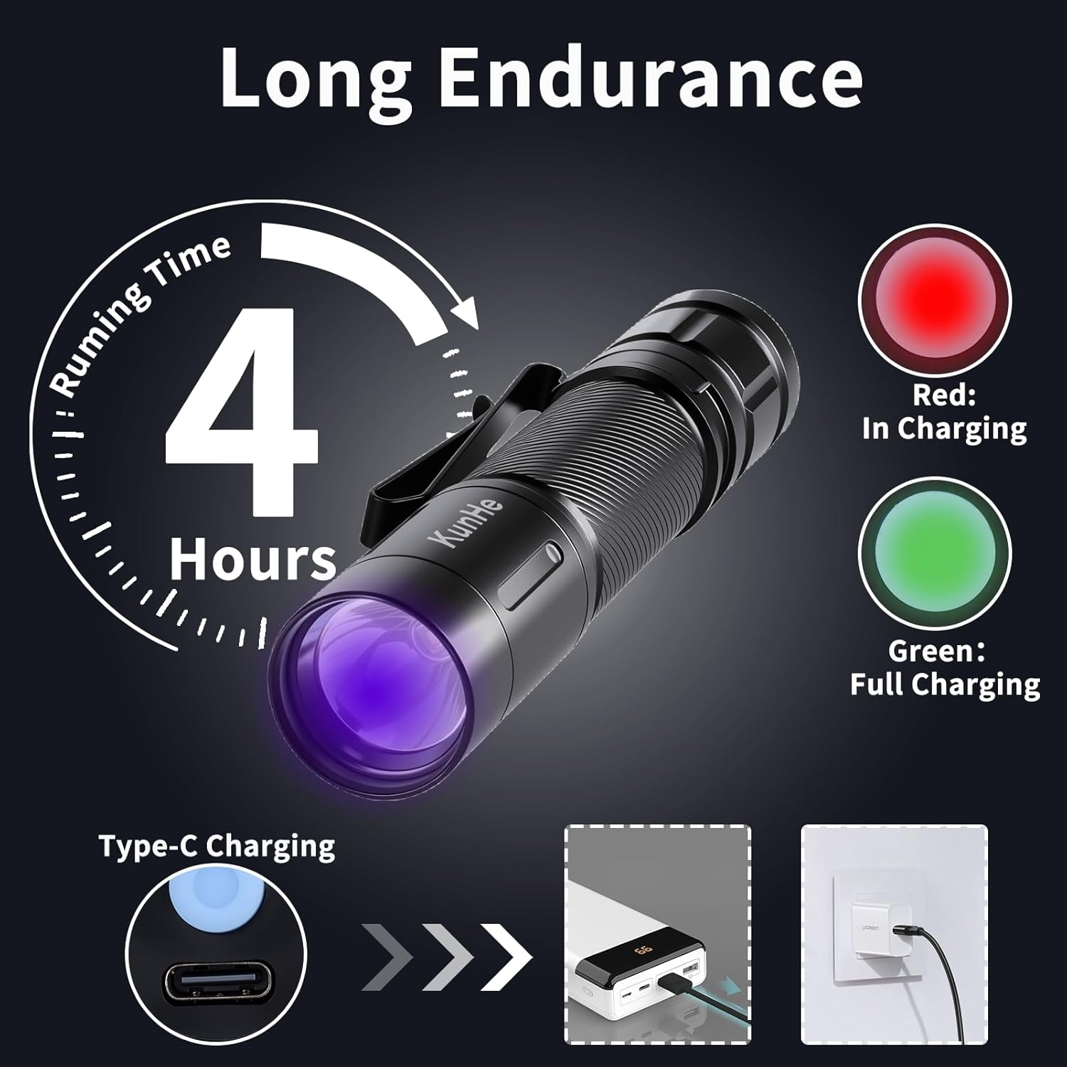 Kunhe 5 Pack Rechargeable UV LED Flashlight Featuring 395Nm Wavelength 3W Power Aluminum Alloy Construction IPX4 Water Resistance Detachable Double-Sided Clip and Compact Design image number 2