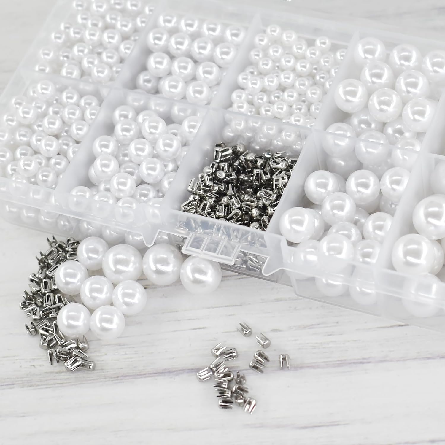 1670Pcs White Pearl Beads with Rivet Studs, Pearl Setting Machine Accessories 5 Size No Holes Pearl Beads for DIY Crafts and Decoration image number 1