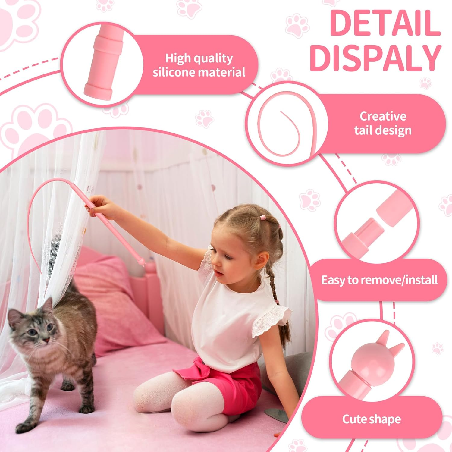 Cat Angel Long, Silicone Teaser Cat Wand Toy, Magic Tail Cat Toy, Cat Wand Interactive Cat Toy, Mouse Tail Teaser Cat Stick Cat Wand Toy for Indoor (A)