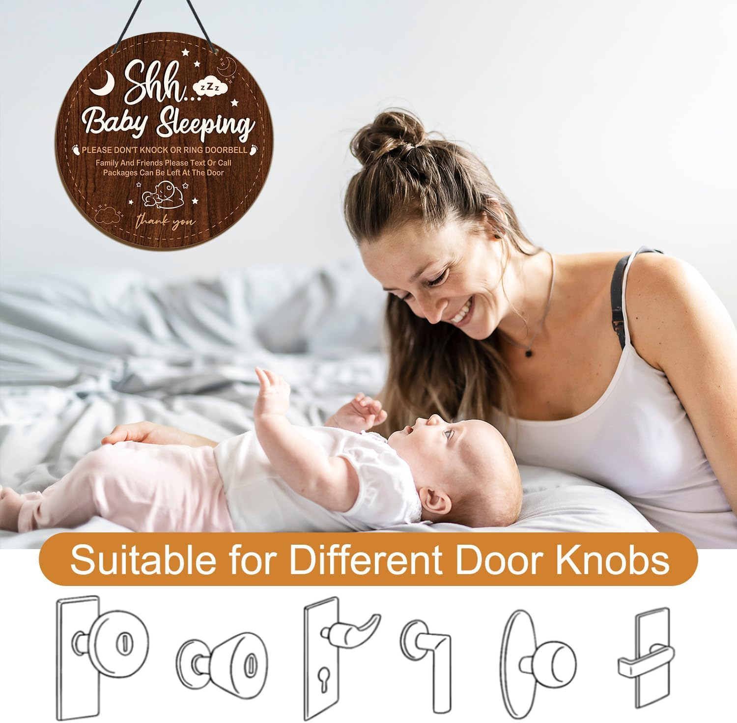 Baby Sleeping Sign for Front Door - Shejdgart Please Do Not Knock or Ring Doorbell Sign Shhh Baby Sleeping Door Hanger Wooden No Soliciting Doors Signs for Nursery Home Bedroom School Decor