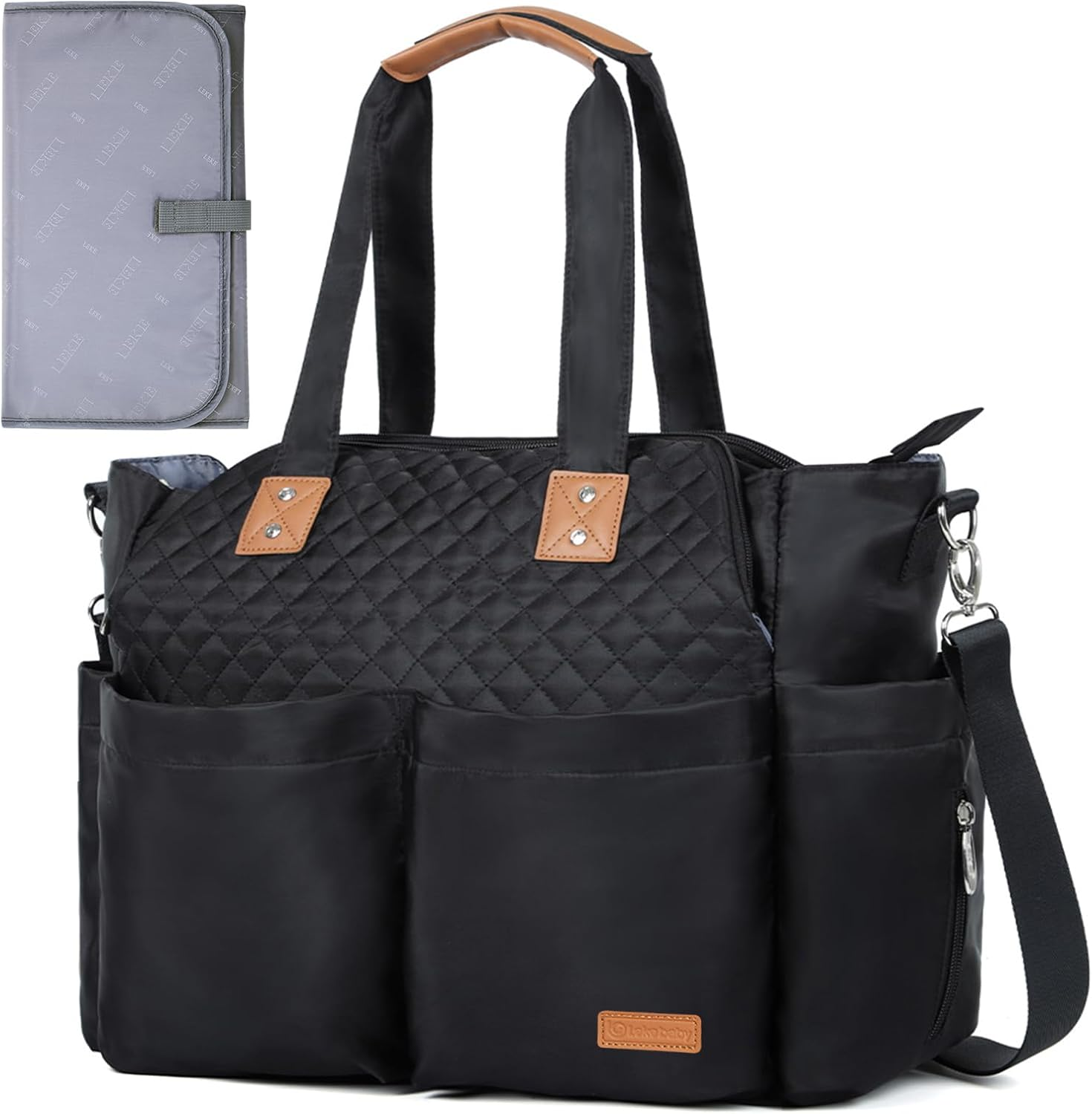 Lekespring Nappy Tote Bag Baby Nappy Changing Bag for Mom and Dad, Convertible Diaper Bag with Changing Mat and Insulated Pockets, Multifunctional Baby Travel Bag, Quilted Black image number 2