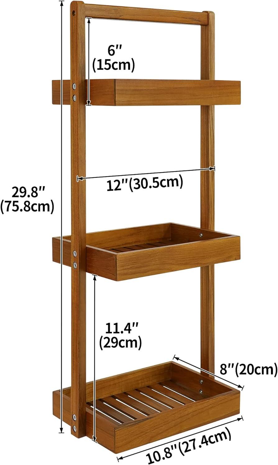 Utoplike Teak Shower Caddy Corner, 3 Tier Standing Shower Organizer Shelf with Handle, Wood Bathroom Stand up Caddy Basket for Shampoo, Rack for inside Shower, Bath, Office, Kitchen Desktop image number 2