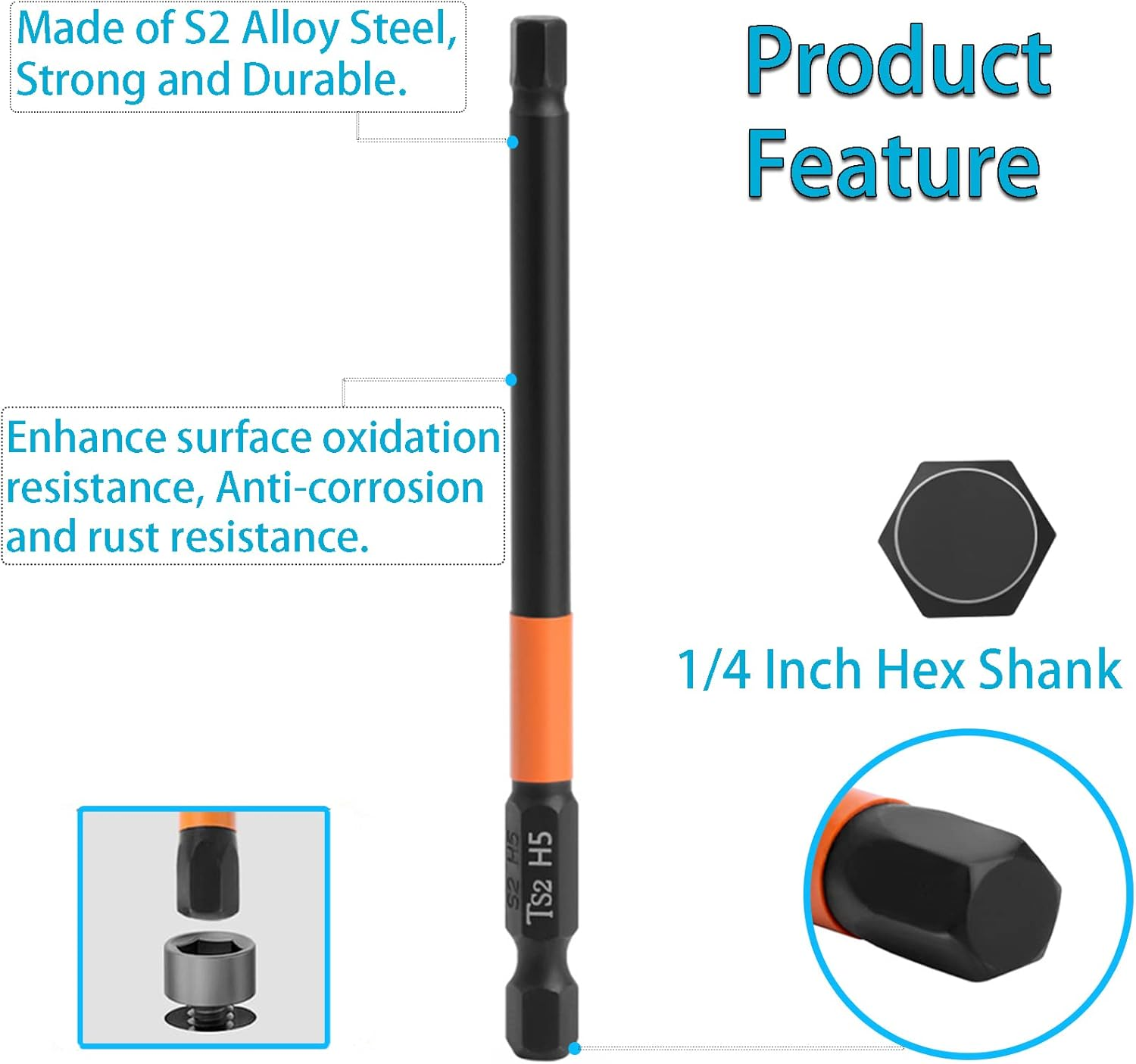 YUENTOEN 6Pcs Allen Wrench Screwdriver Bits - S2 Steel Hex Bits Set Magnetic Screwdriver Bit Set with 1/4 Inch Hex Shank H2.5-H6, 3.93 Inch Length image number 2