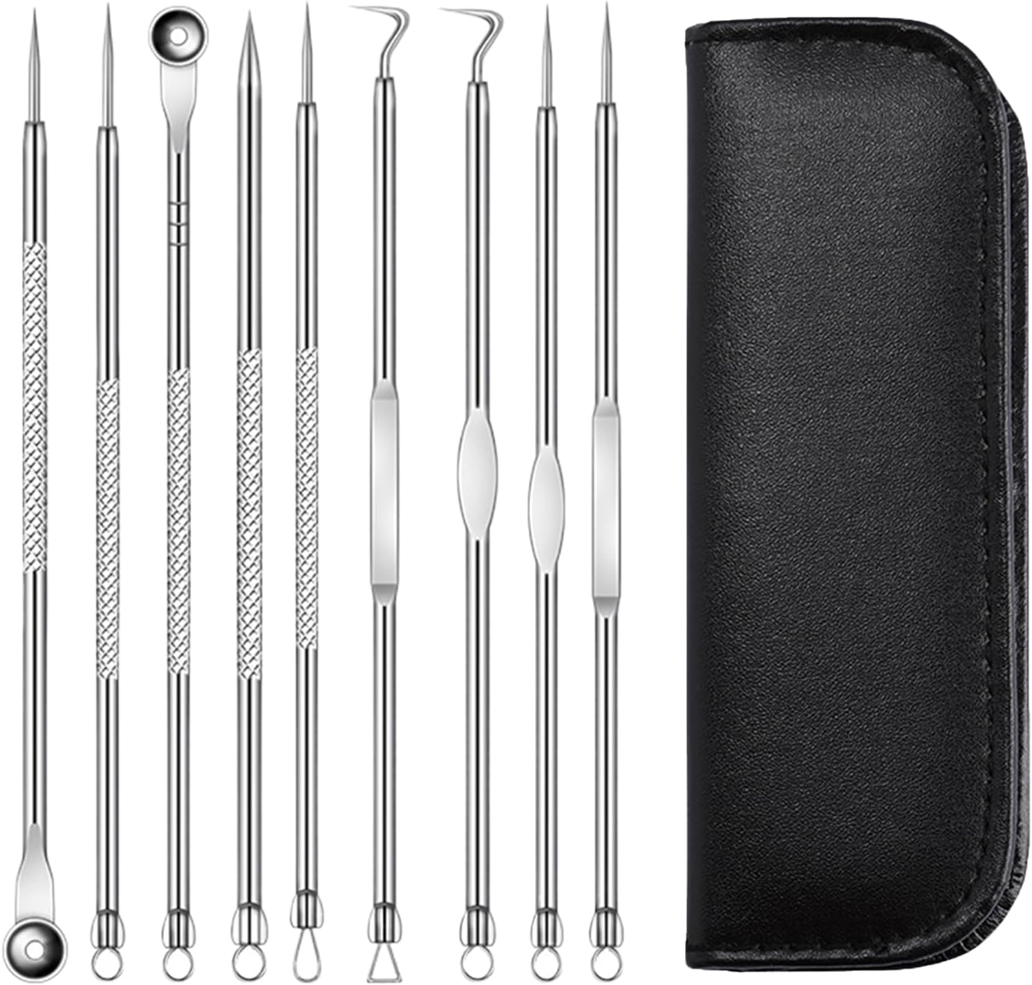 9 Pcs Blackhead Remover Kit - Acne Removal Popper Tool Sets for Blackheads, Whiteheads, Zits & Blemishes, Premium Stainless Steel Comedone Extractor with Portable Leather Case for Skin Care image number 6