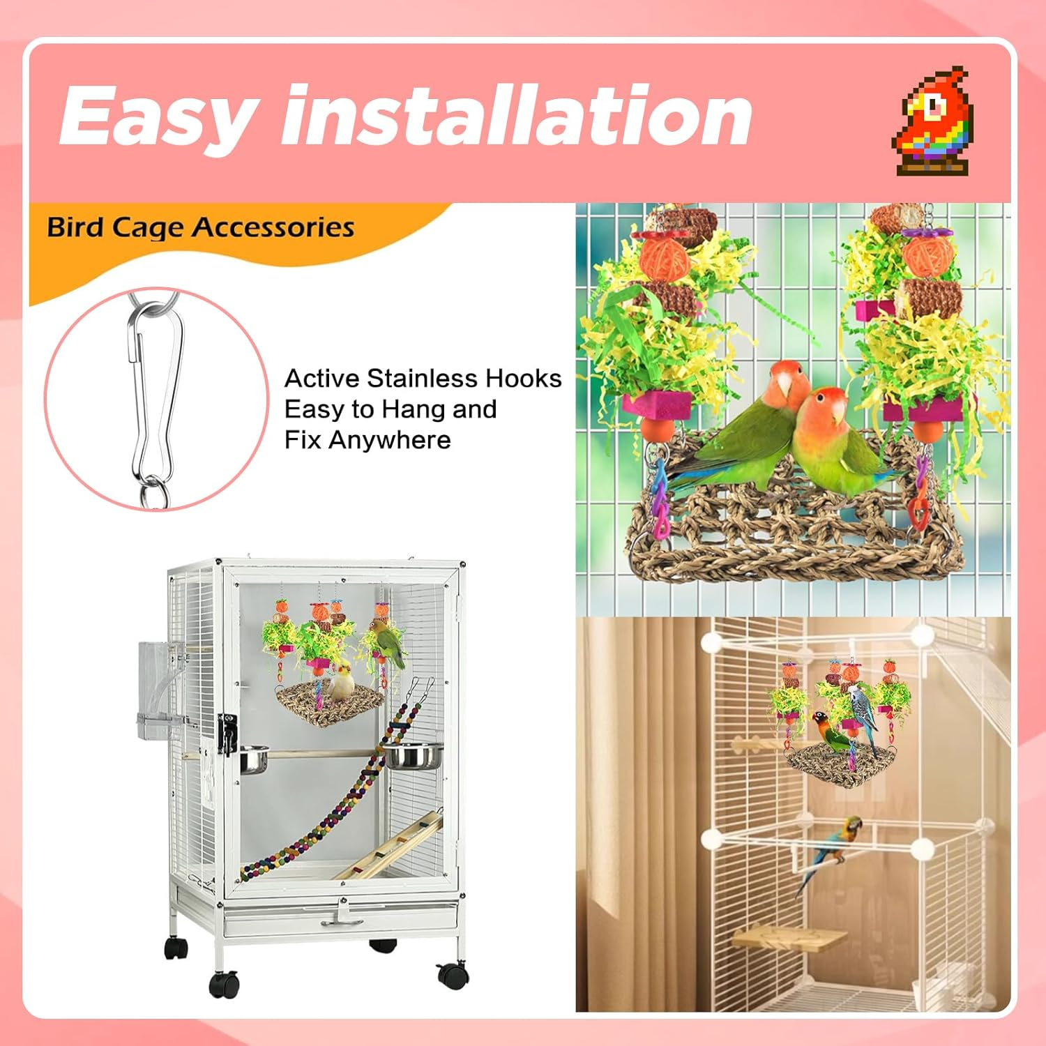 SUSOO Hanging Bird Swing Bed with Colorful Foraging Chew Birds Toys, Seagrass Woven Climbing Hammock, Wooden Stand Perch Bird Cage Accessories for Parrots, Parakeets, Budgies, Conures, Cockatiel image number 1