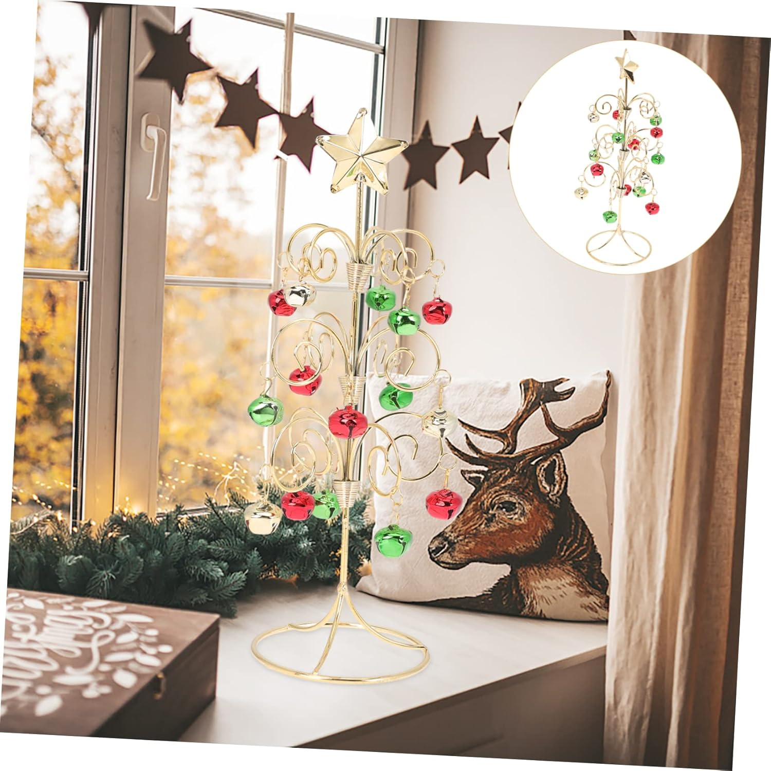 Iron Christmas Tree Decor Mini Xmas Tree Ornament Tabletop Decoration with Bell Festive Party Adornment for Home and Office Seasonal Holiday Display image number 6