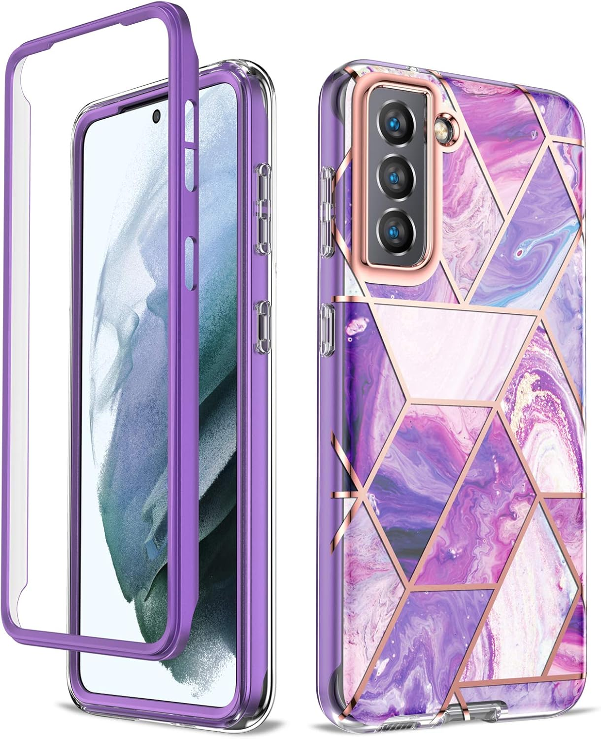 Asuwish Phone Case for Samsung Galaxy S21 FE 5G Cell Cover Hybrid Luxury Cute Marble Shockproof Full Body Hard Heavy Duty Slim Accessories S 21 EF S21FE5G UW S21FE 21S G5 6.4 Inch Women Girls Purple image number 3
